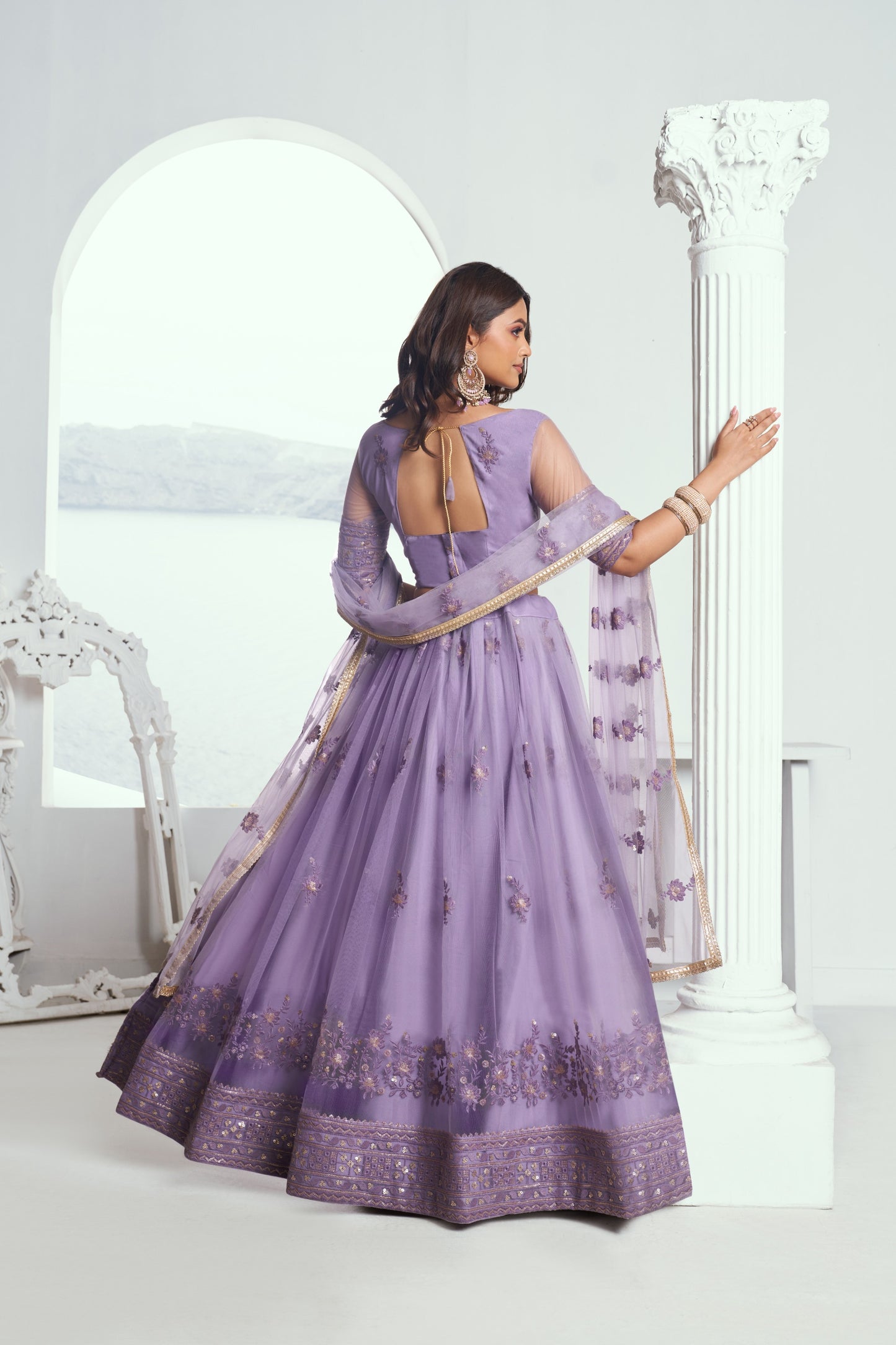 Lavender Sequins Embroidery Net Reception Lehenga