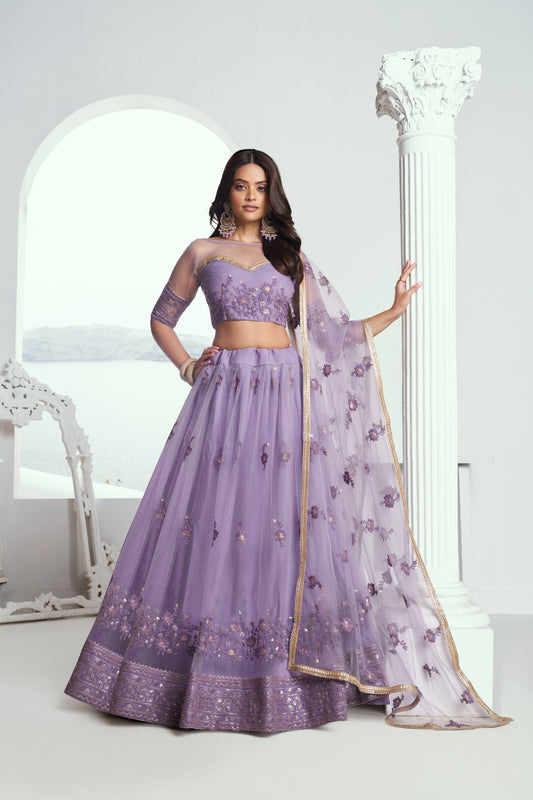 Lavender Sequins Embroidery Net Reception Lehenga