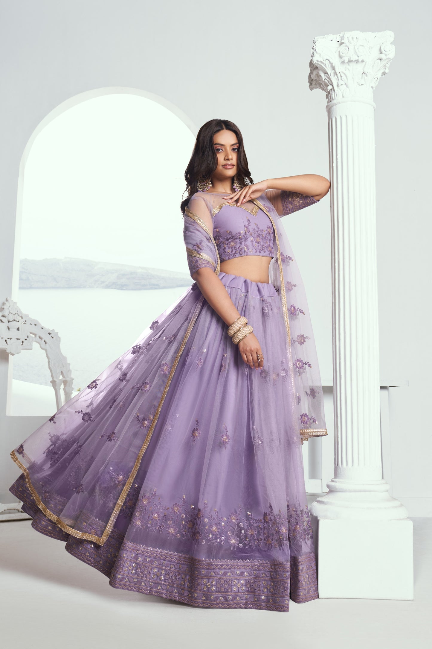 Lavender Sequins Embroidery Net Reception Lehenga