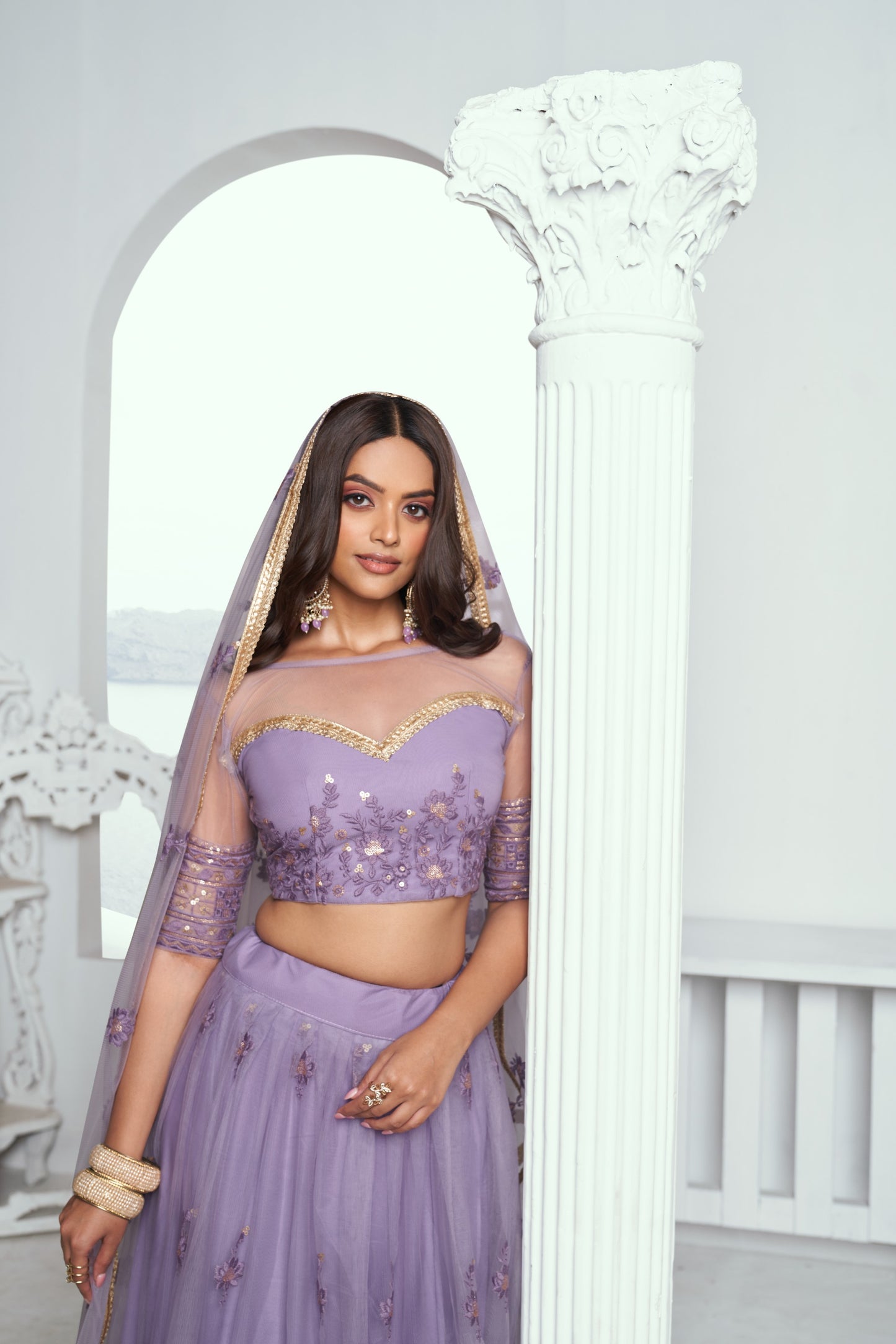 Lavender Sequins Embroidery Net Reception Lehenga