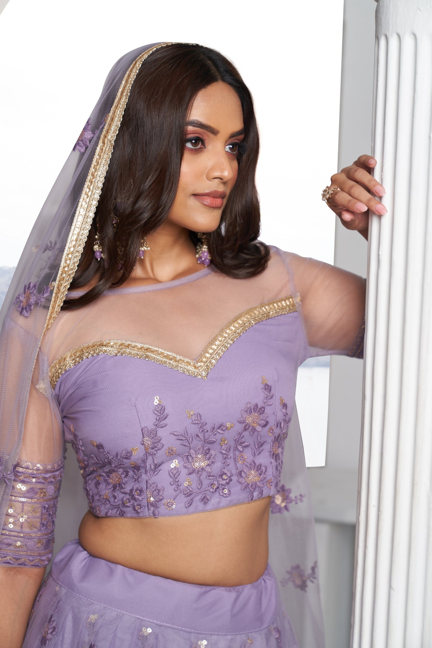 Lavender Sequins Embroidery Net Reception Lehenga