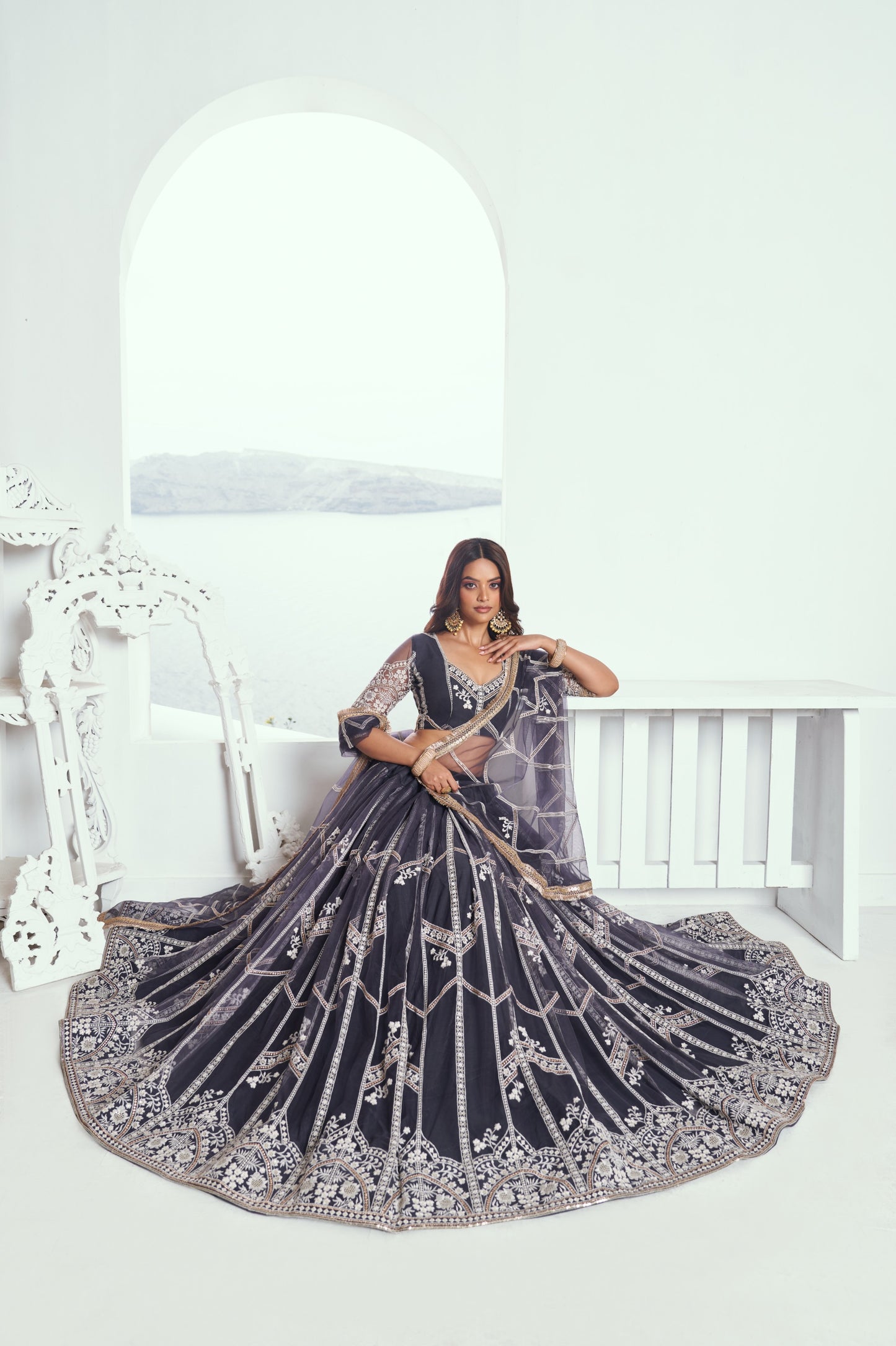 Dark Grey Sequins Embroidery Butterfly Net Bridesmaid Lehenga