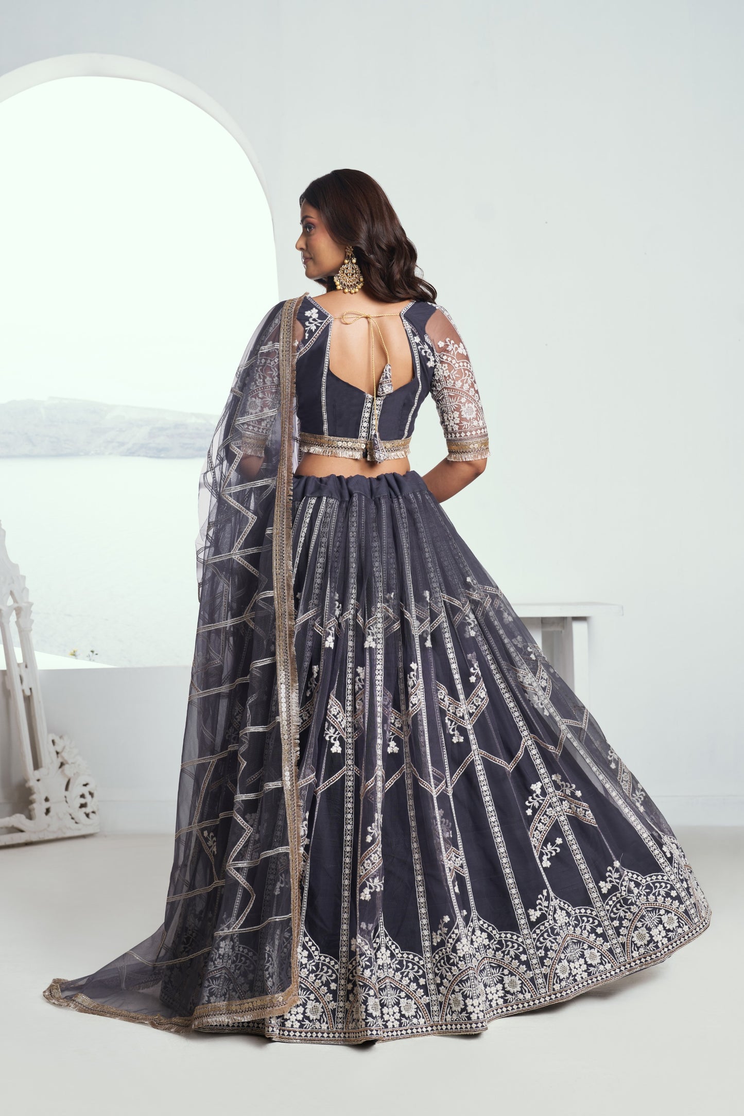 Dark Grey Sequins Embroidery Butterfly Net Bridesmaid Lehenga