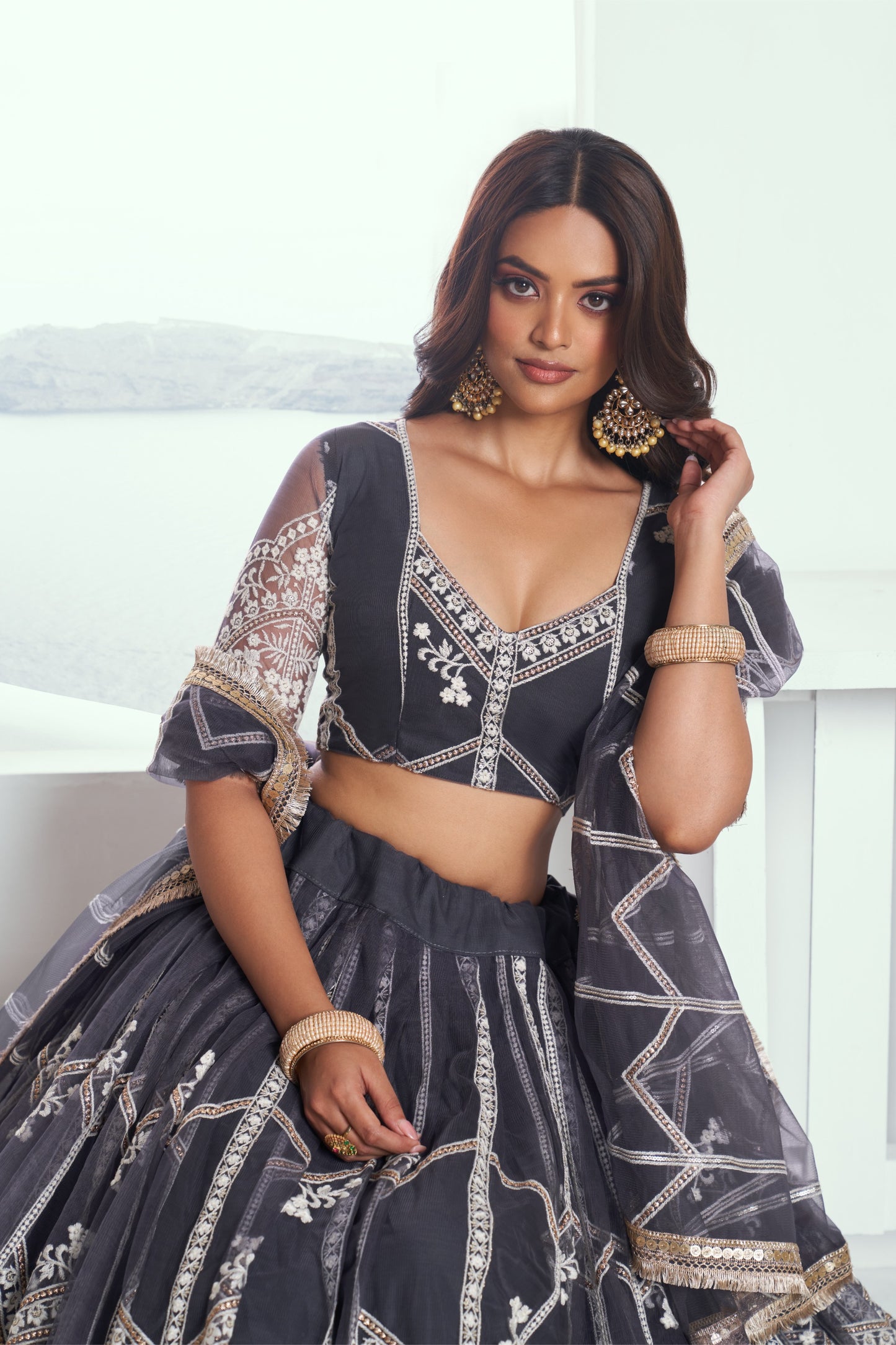 Dark Grey Sequins Embroidery Butterfly Net Bridesmaid Lehenga