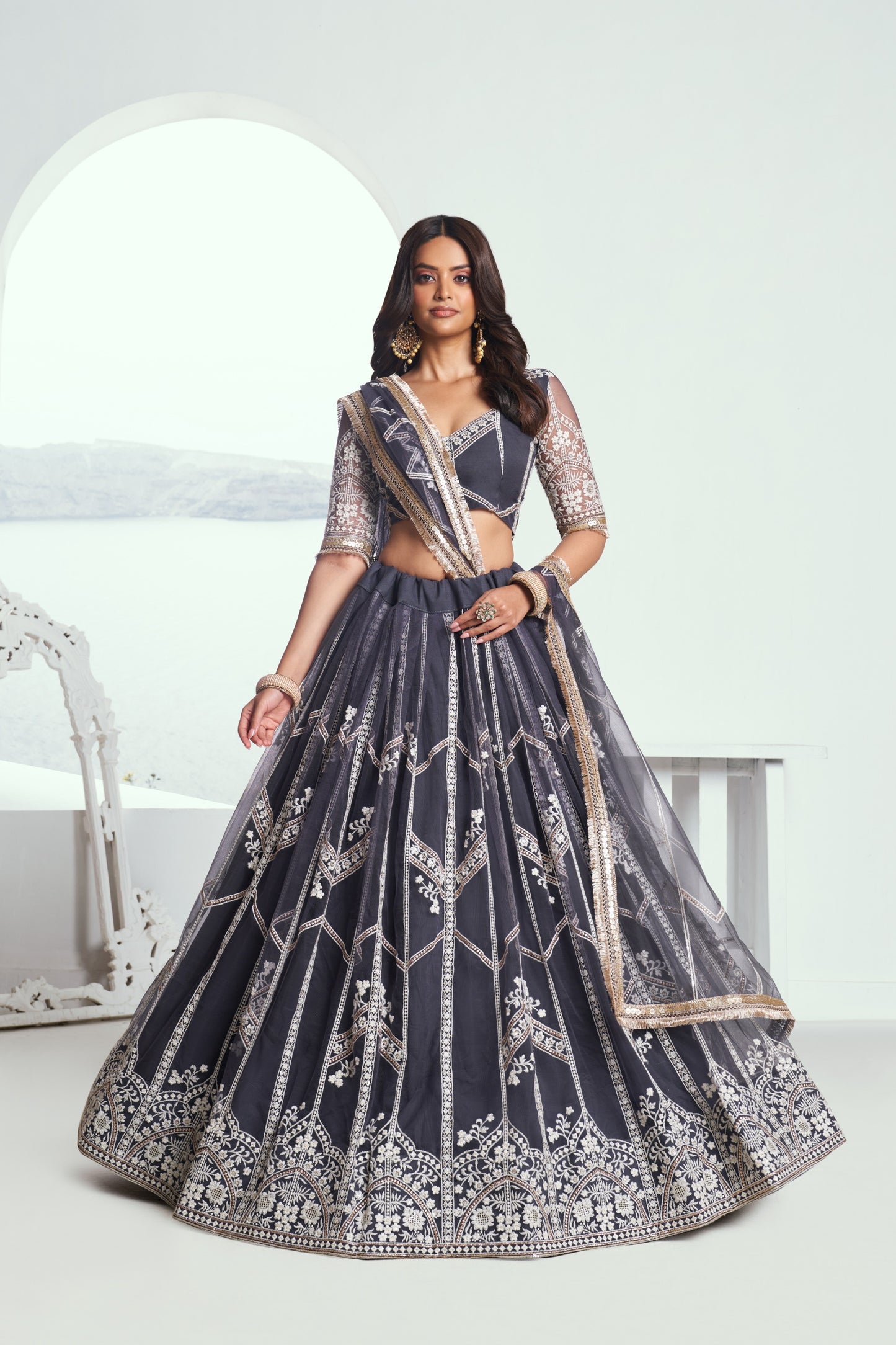 Dark Grey Sequins Embroidery Butterfly Net Bridesmaid Lehenga