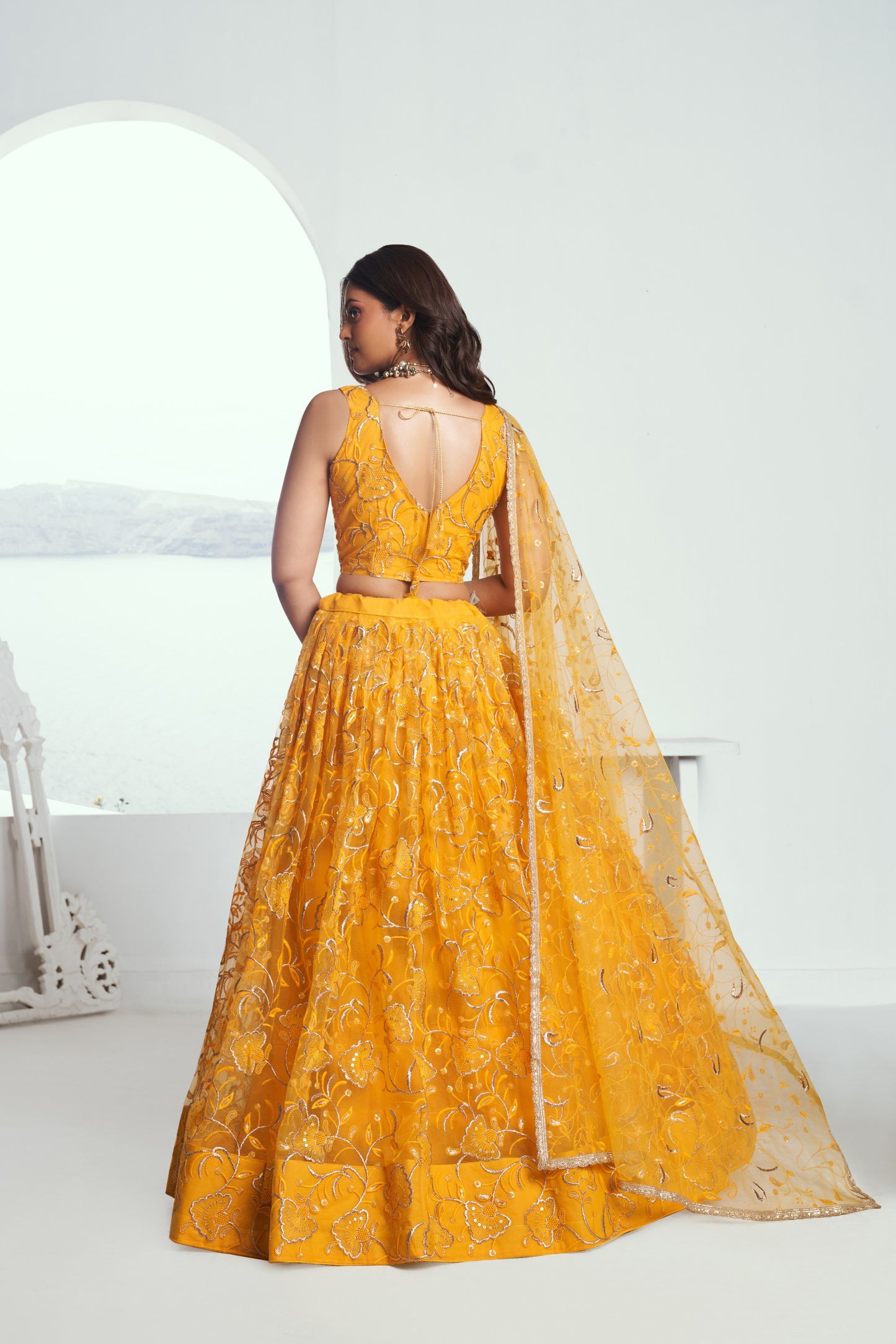 Yellow Sequins Embroidery Butterfly Net Haldi Lehenga