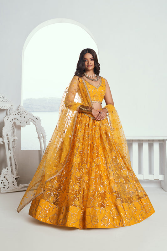 Yellow Sequins Embroidery Butterfly Net Haldi Lehenga