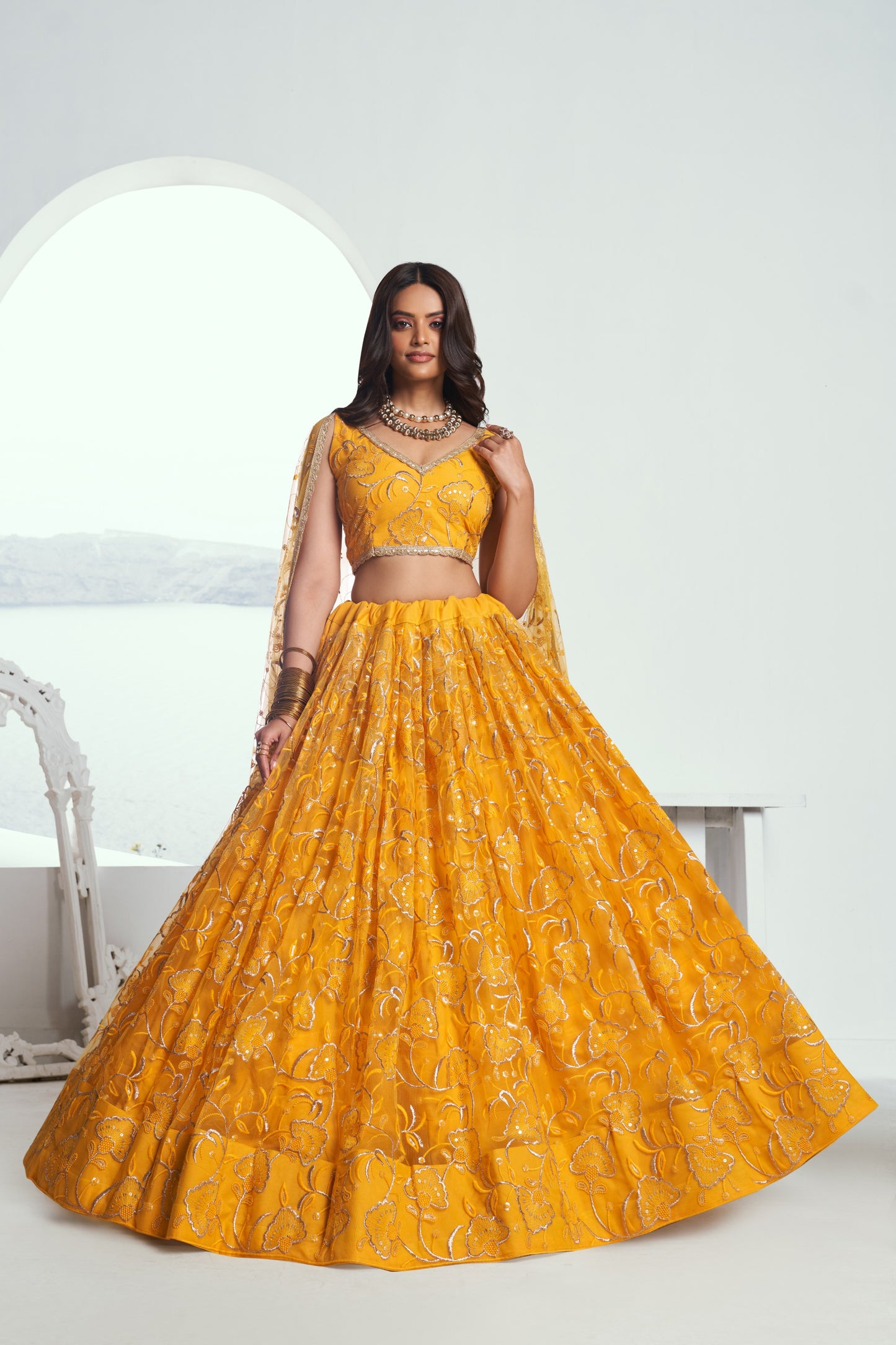 Yellow Sequins Embroidery Butterfly Net Haldi Lehenga