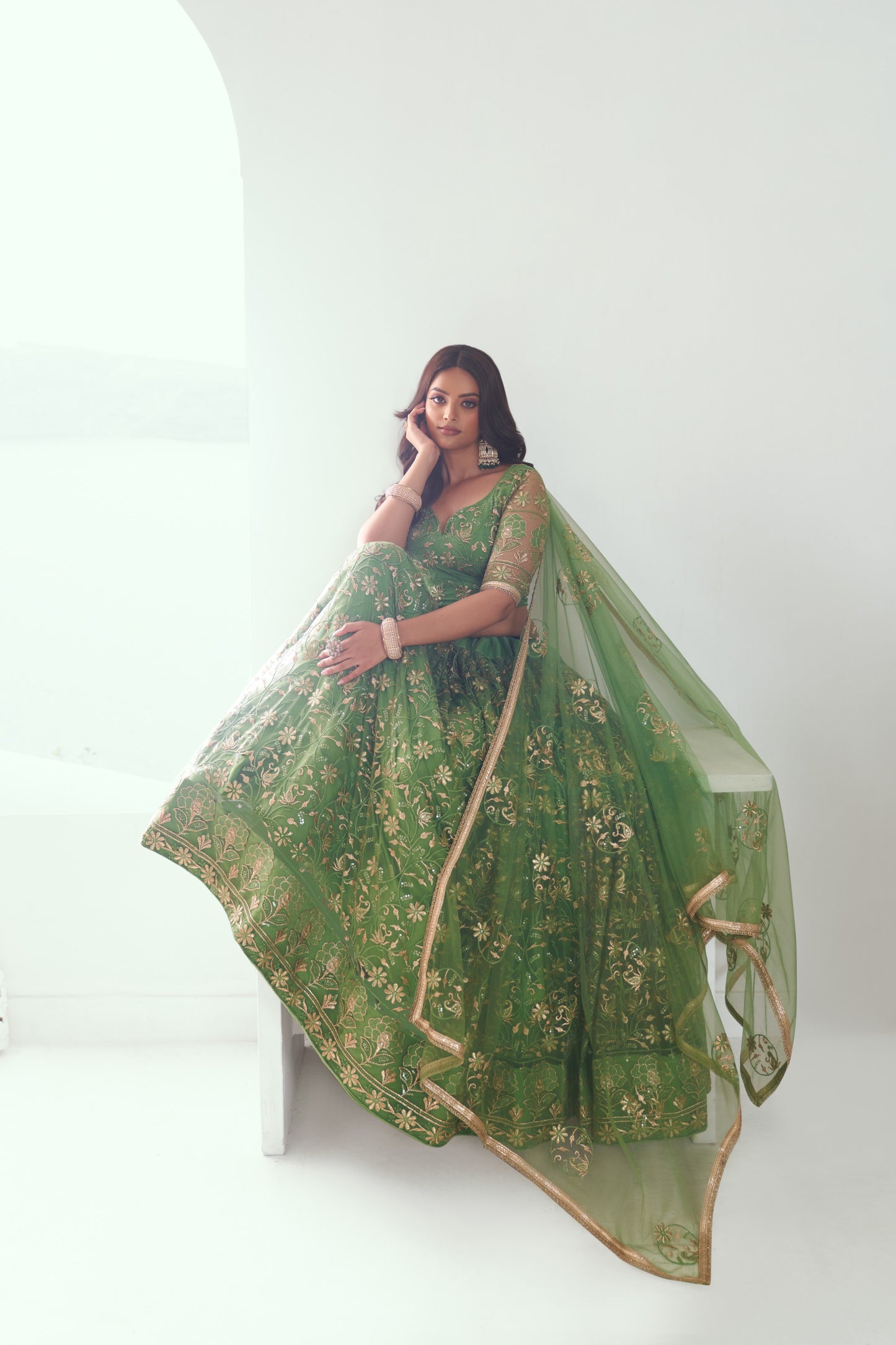 Pista Green Sequins Embroidery Net Mehendi Lehenga