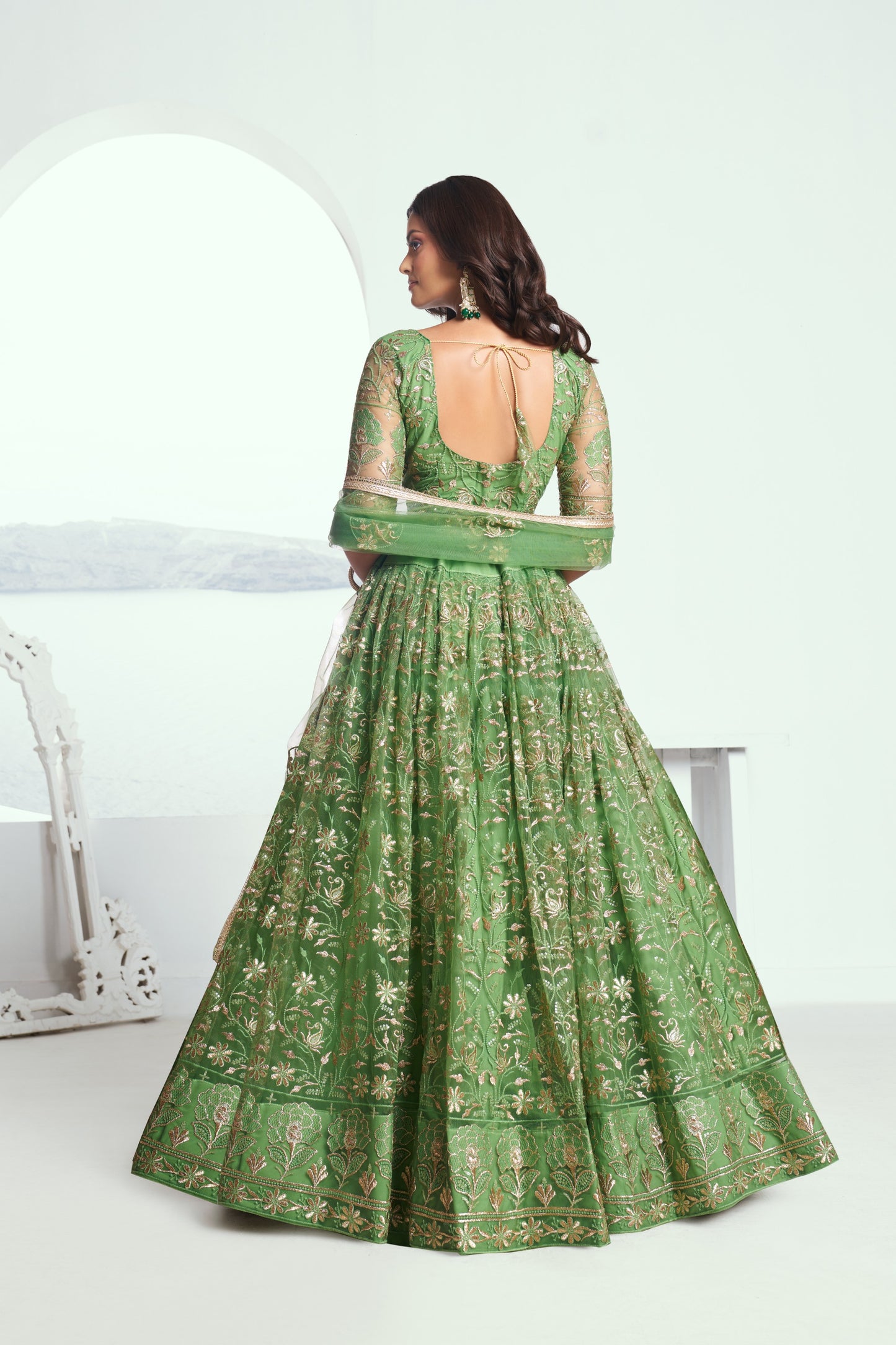 Pista Green Sequins Embroidery Net Mehendi Lehenga