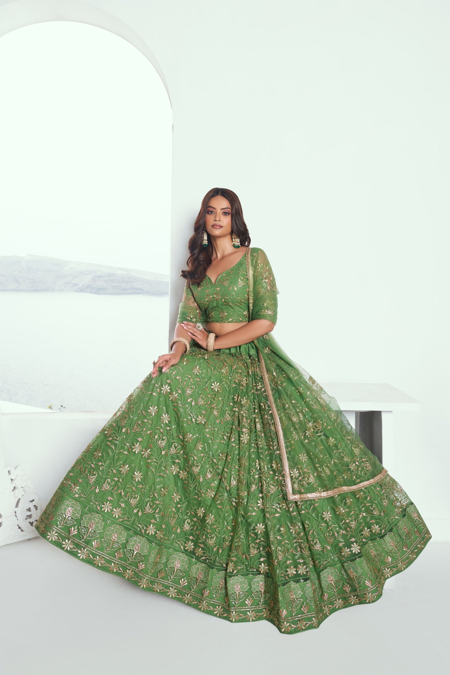 Pista Green Sequins Embroidery Net Mehendi Lehenga