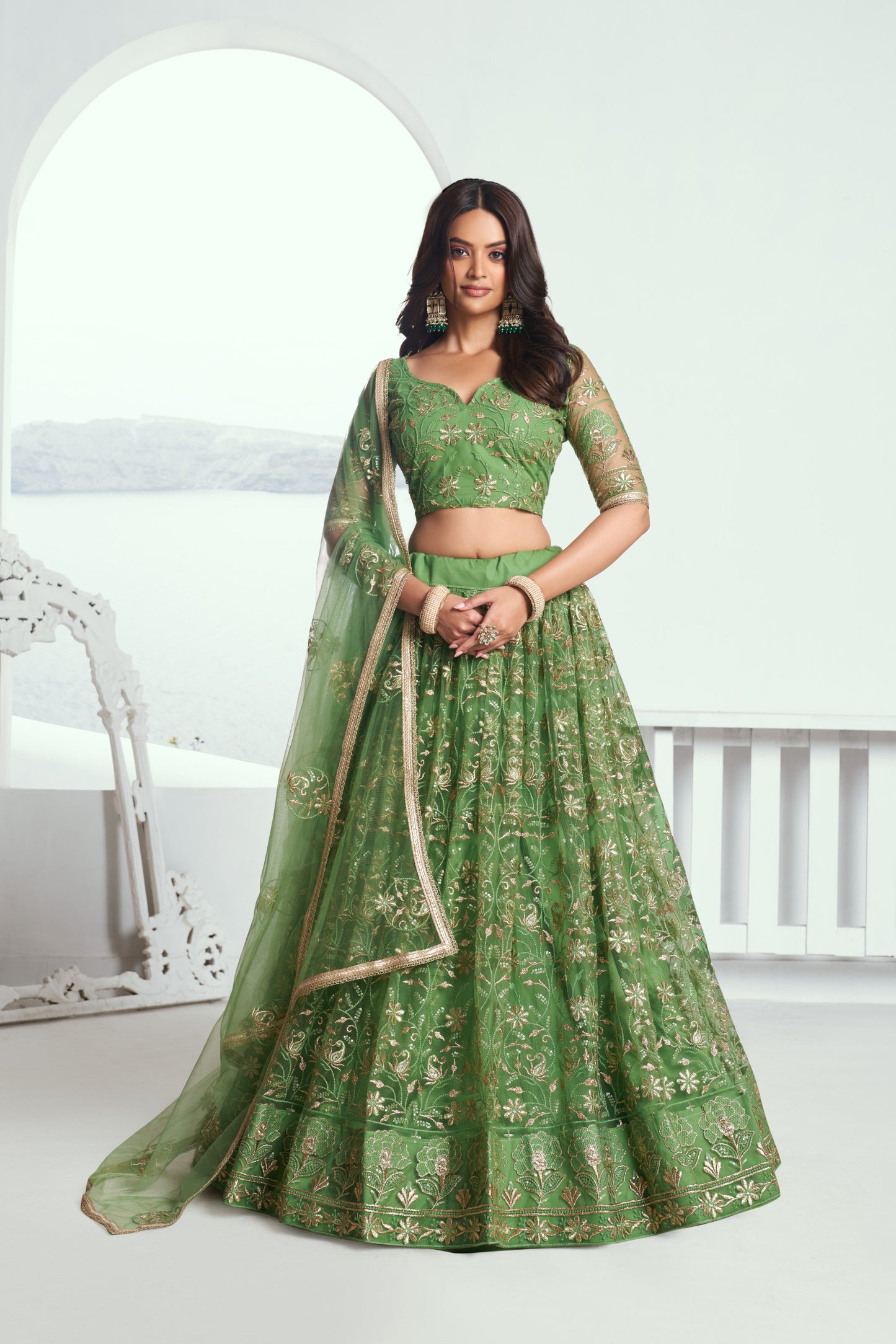 Pista Green Sequins Embroidery Net Mehendi Lehenga