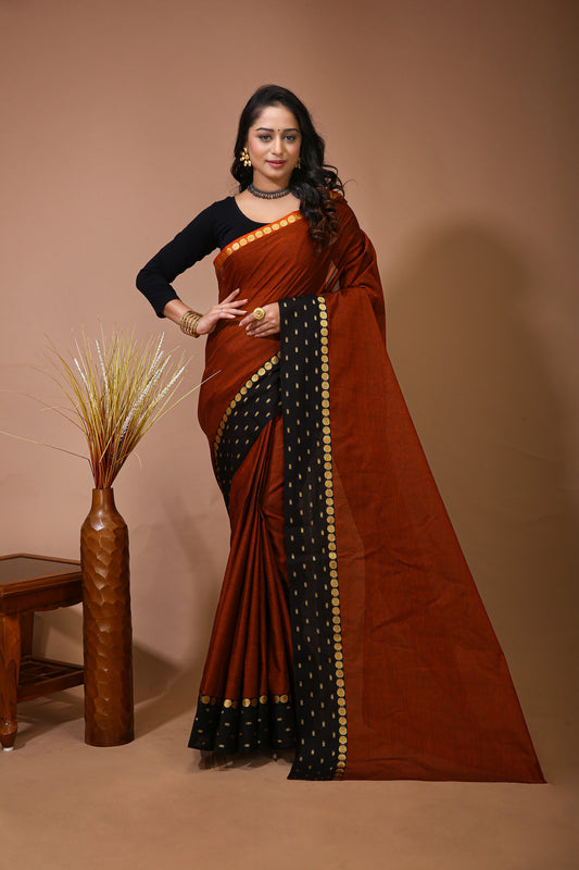 Dori Orange Cotton Self Design Saree