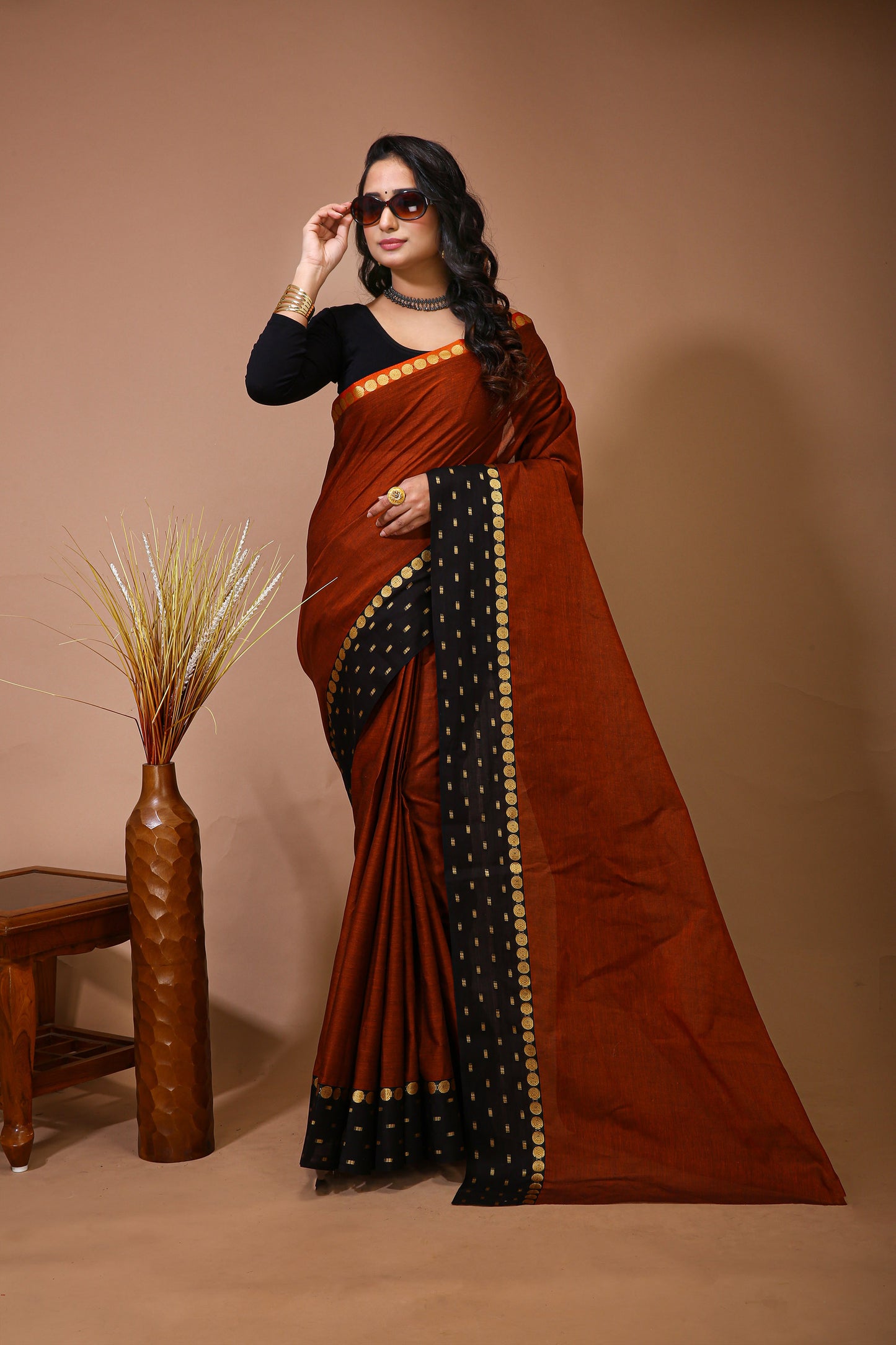 Dori Orange Cotton Self Design Saree