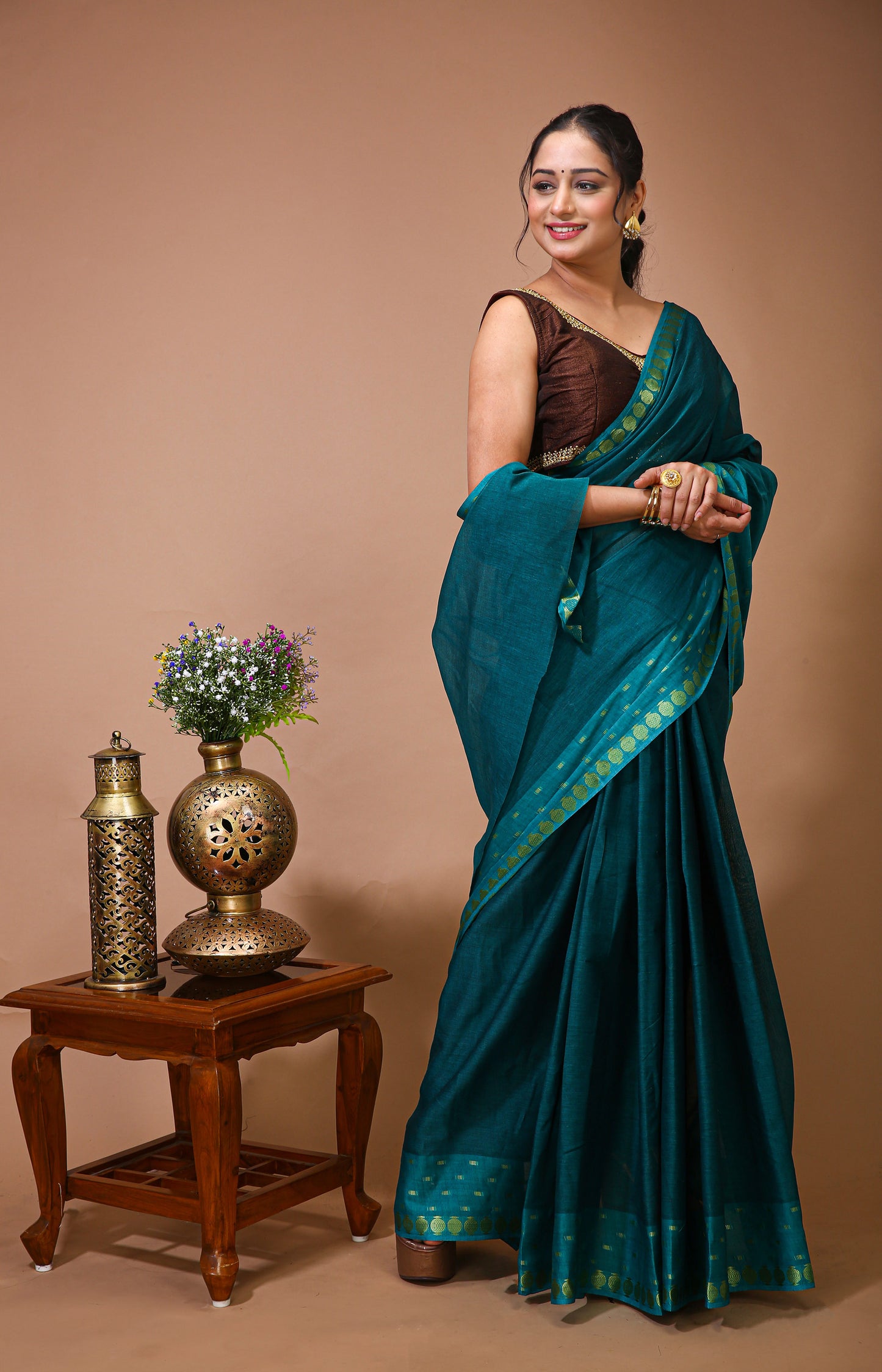 Dori Green Cotton Embellished Saree