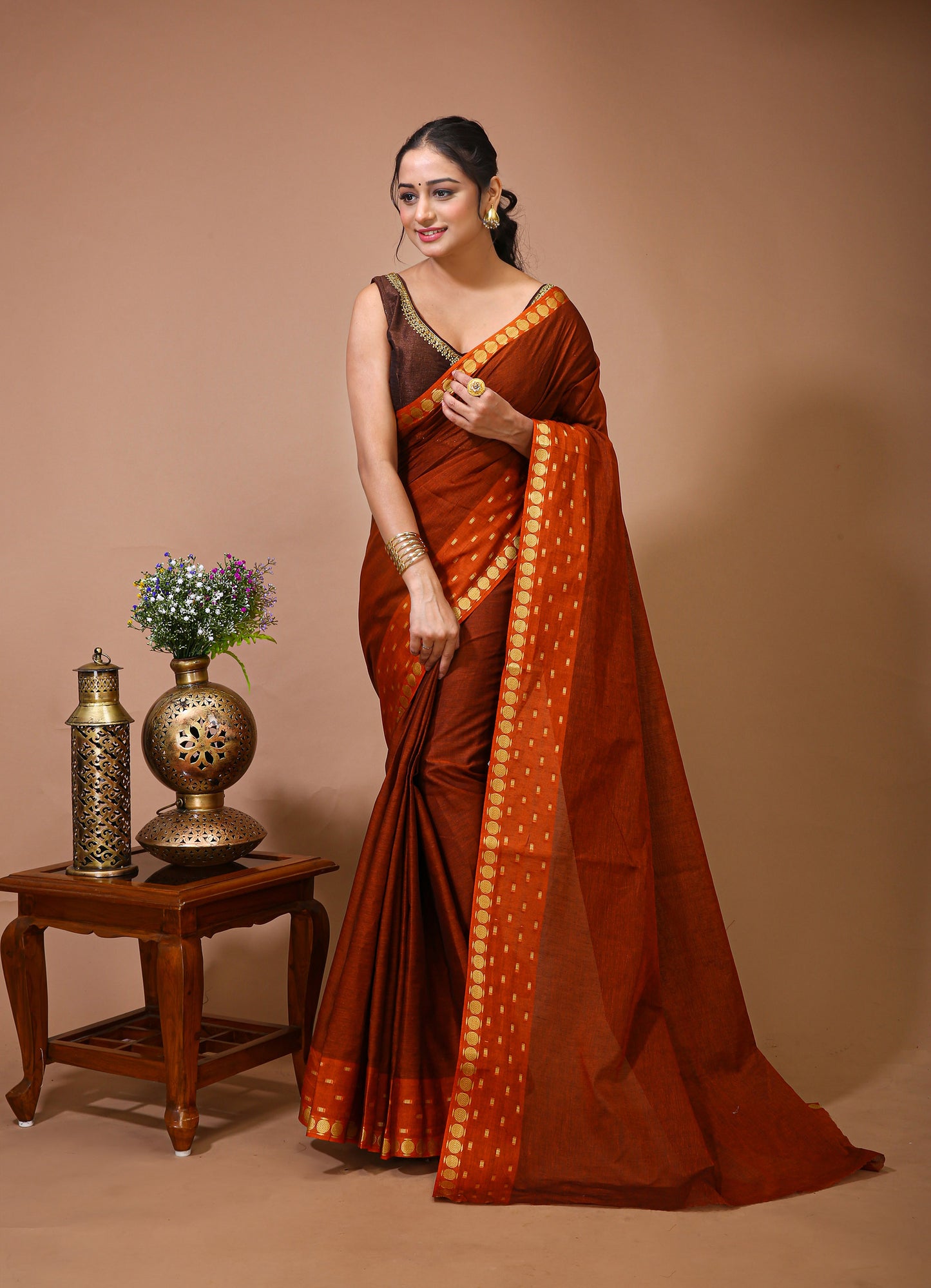 Dori Orange Cotton Self Design Saree