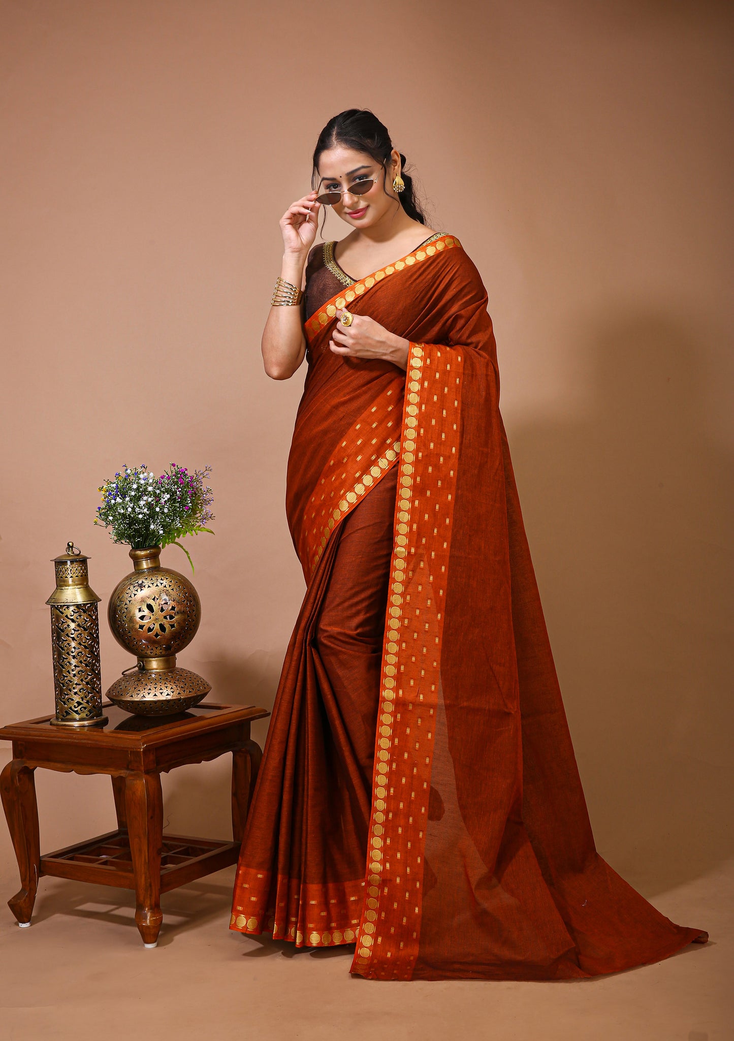 Dori Orange Cotton Self Design Saree