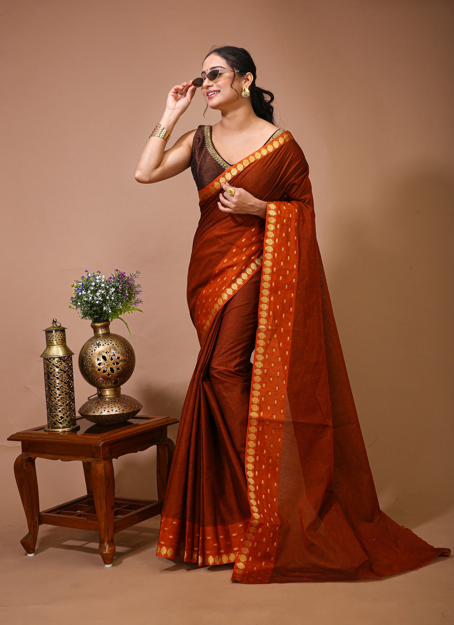 Dori Orange Cotton Self Design Saree