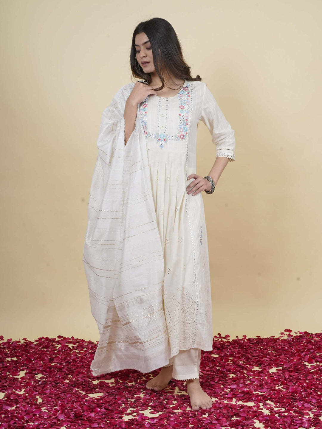 White A-line Cotton Schiffali Kurta set dupatta with intricate embroidery