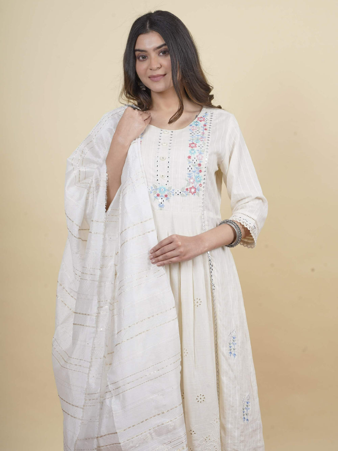 White A-line Cotton Schiffali Kurta set dupatta with intricate embroidery