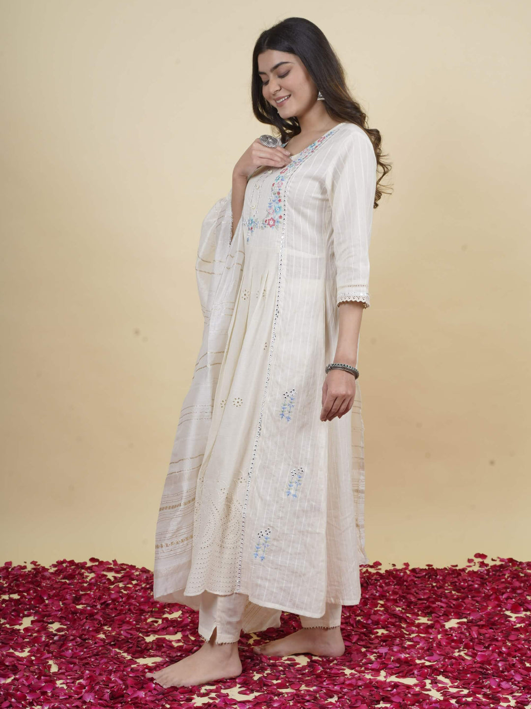 White A-line Cotton Schiffali Kurta set dupatta with intricate embroidery