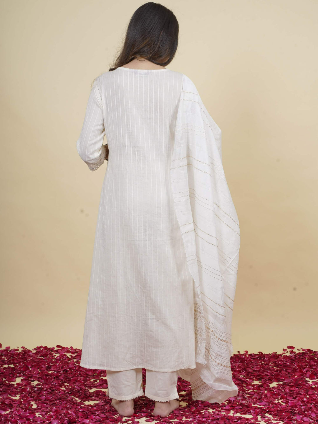 White A-line Cotton Schiffali Kurta set dupatta with intricate embroidery