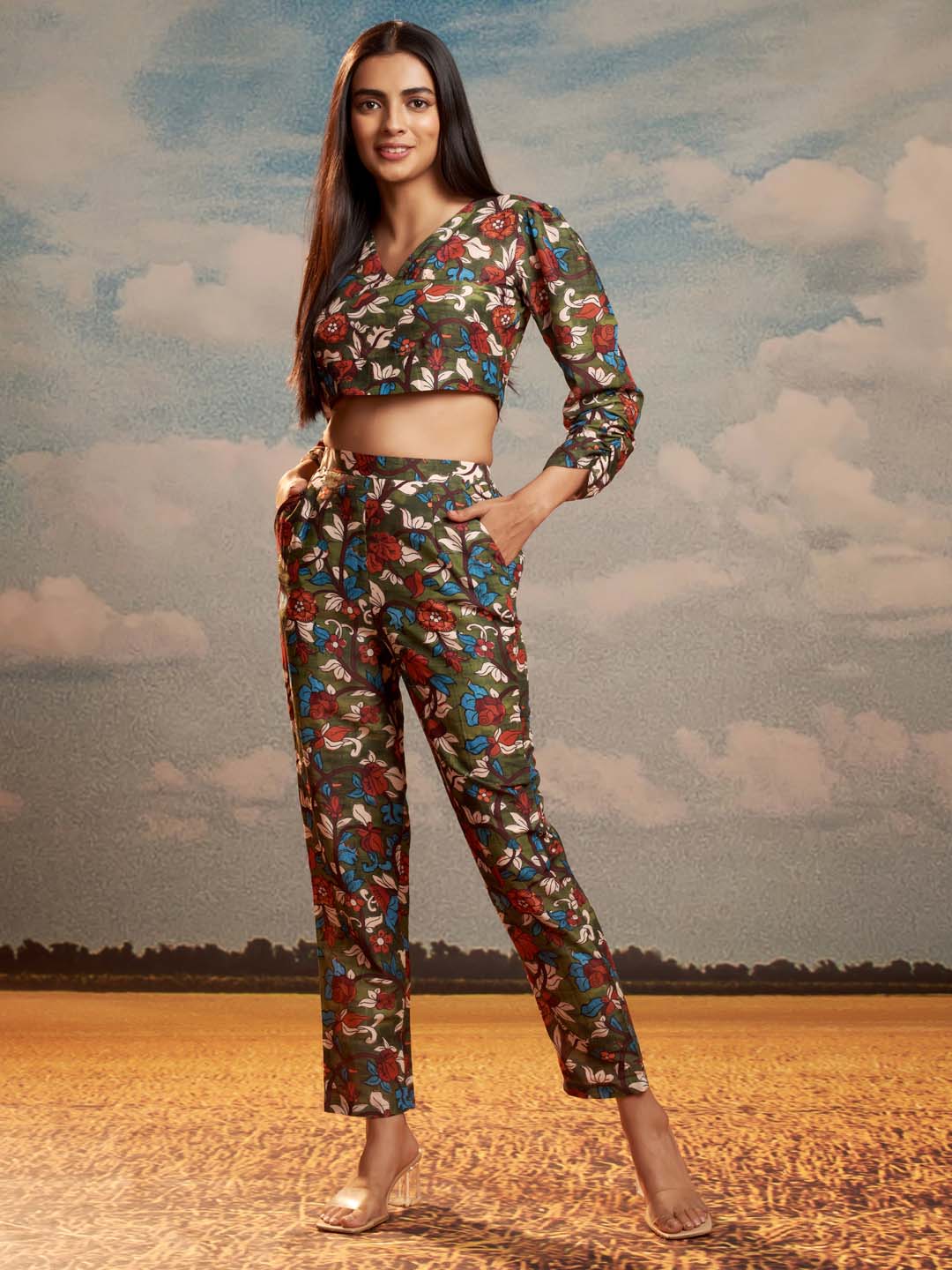 Multicolor Floral Print Muslin Straight Co-Ord Set