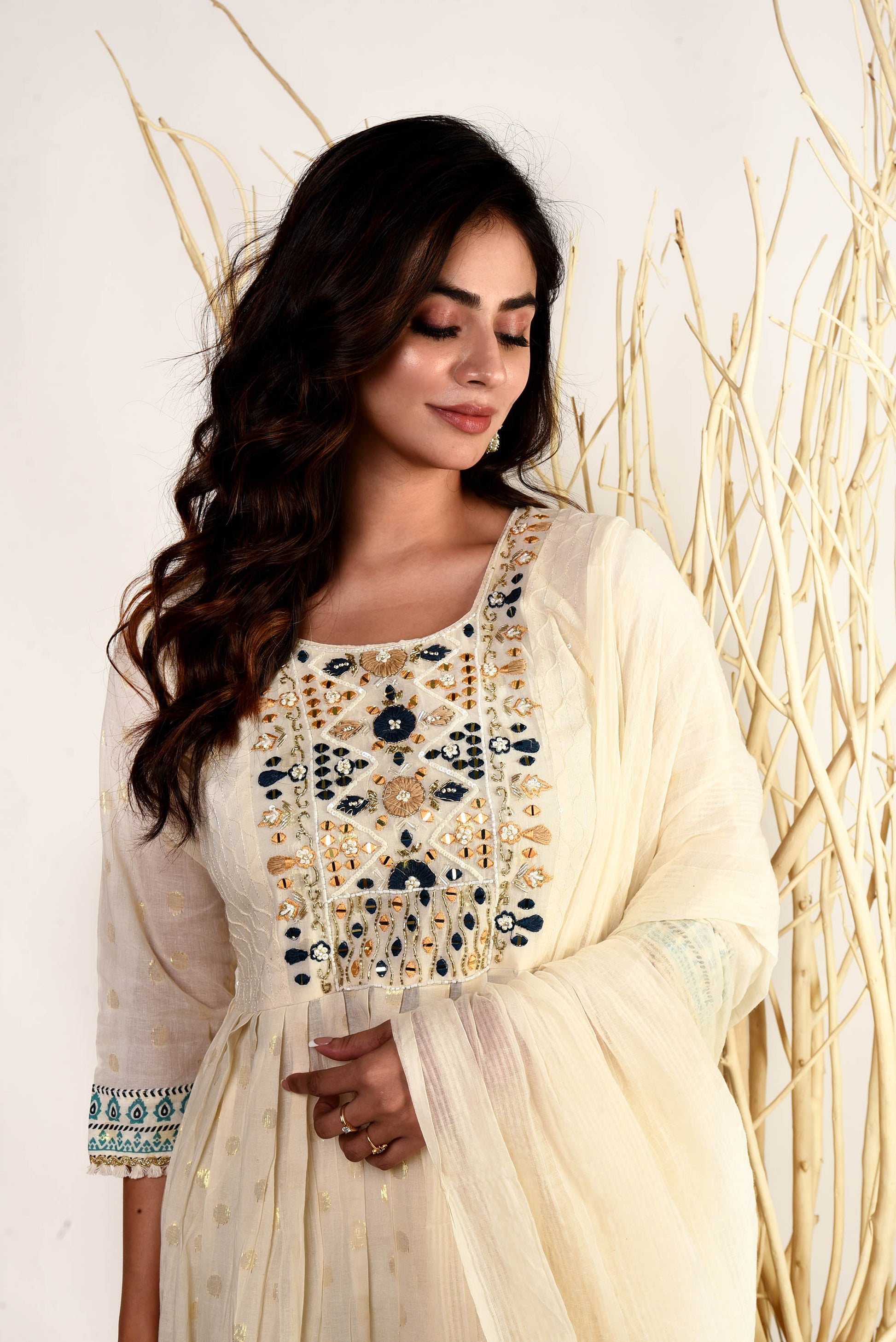 Off White Kora Mul Mul Print and Embroidered  Long Kurta With Palazzo Pants