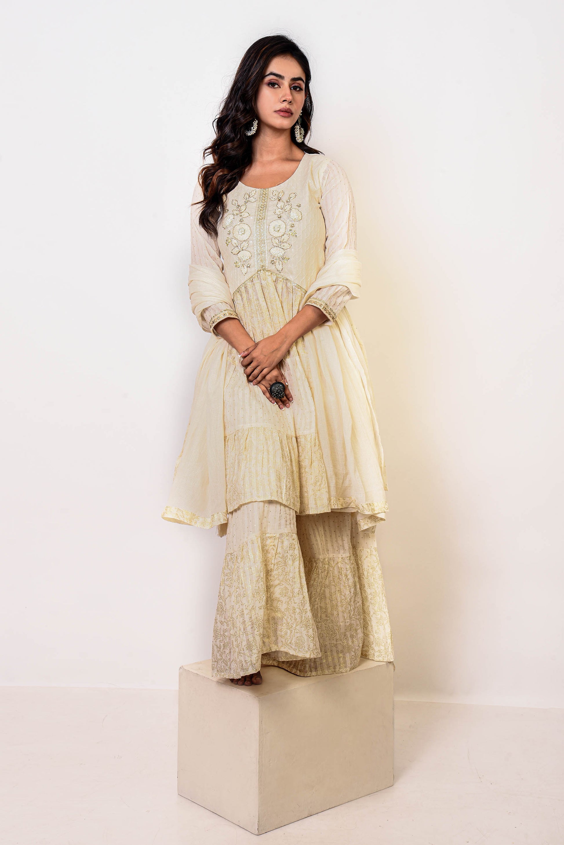 Off White Kora Self Jacquard Print & Embroidered  Long Kurta With Palazzo Pants