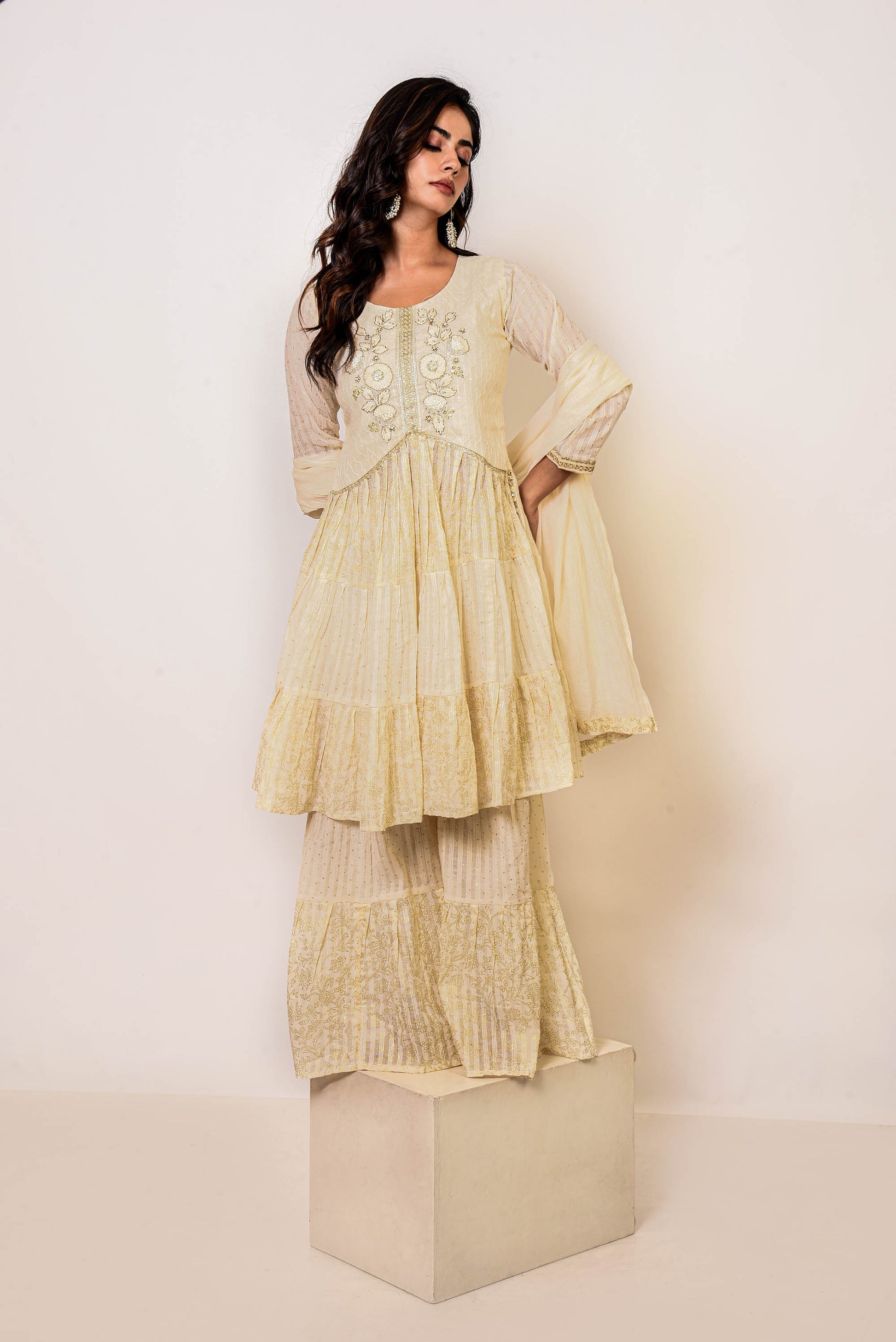 Off White Kora Self Jacquard Print & Embroidered  Long Kurta With Palazzo Pants