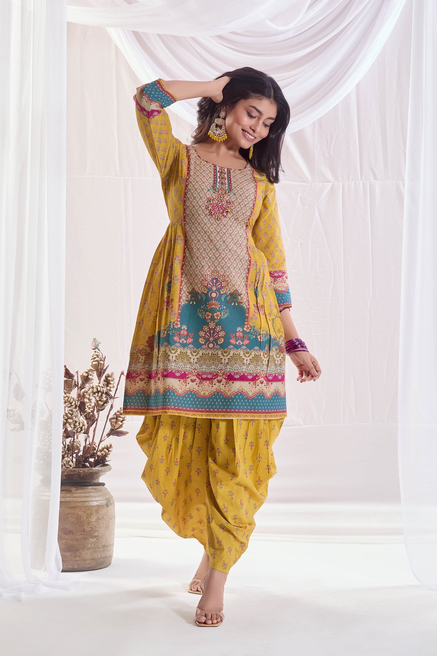 Mustard Yellow Cotton Printed Kurta With Dhoti Pants