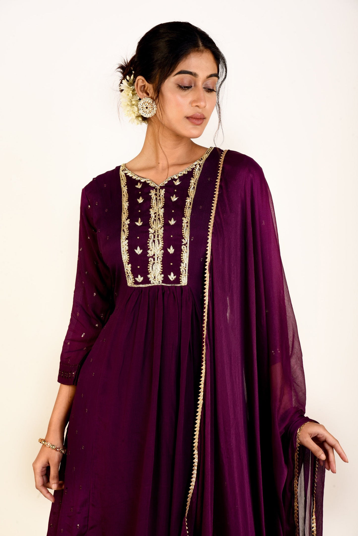 Royal Purple Chinnon  Sharara set with Embroidery