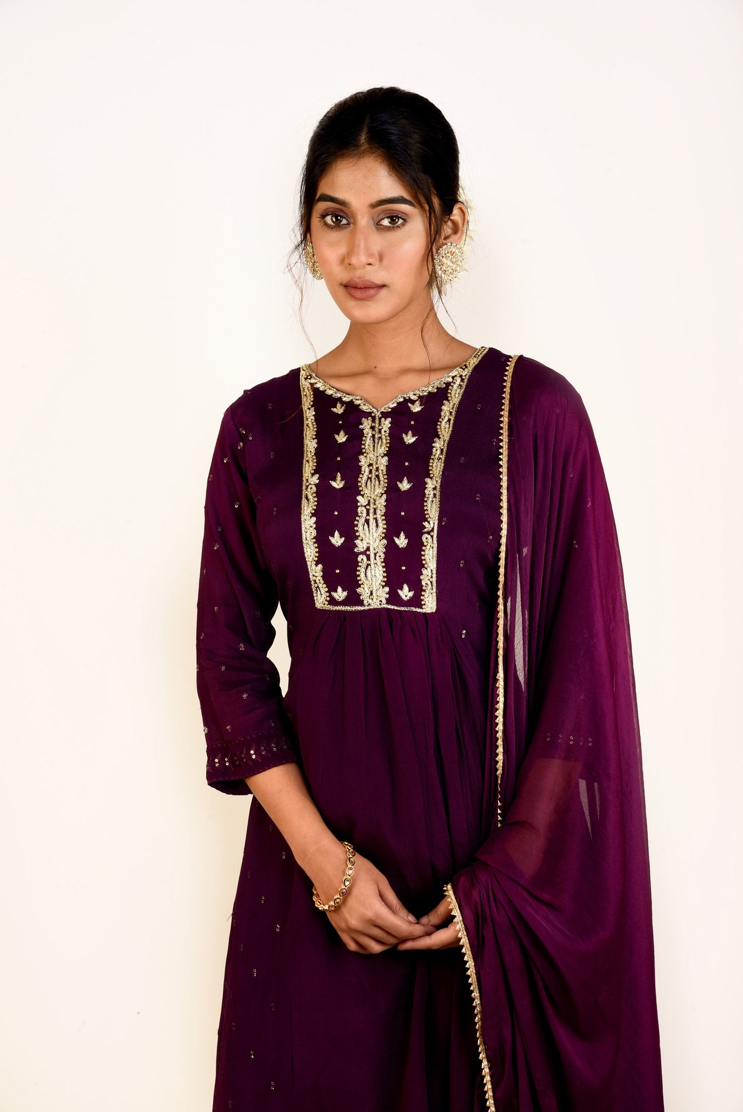 Royal Purple Chinnon  Sharara set with Embroidery