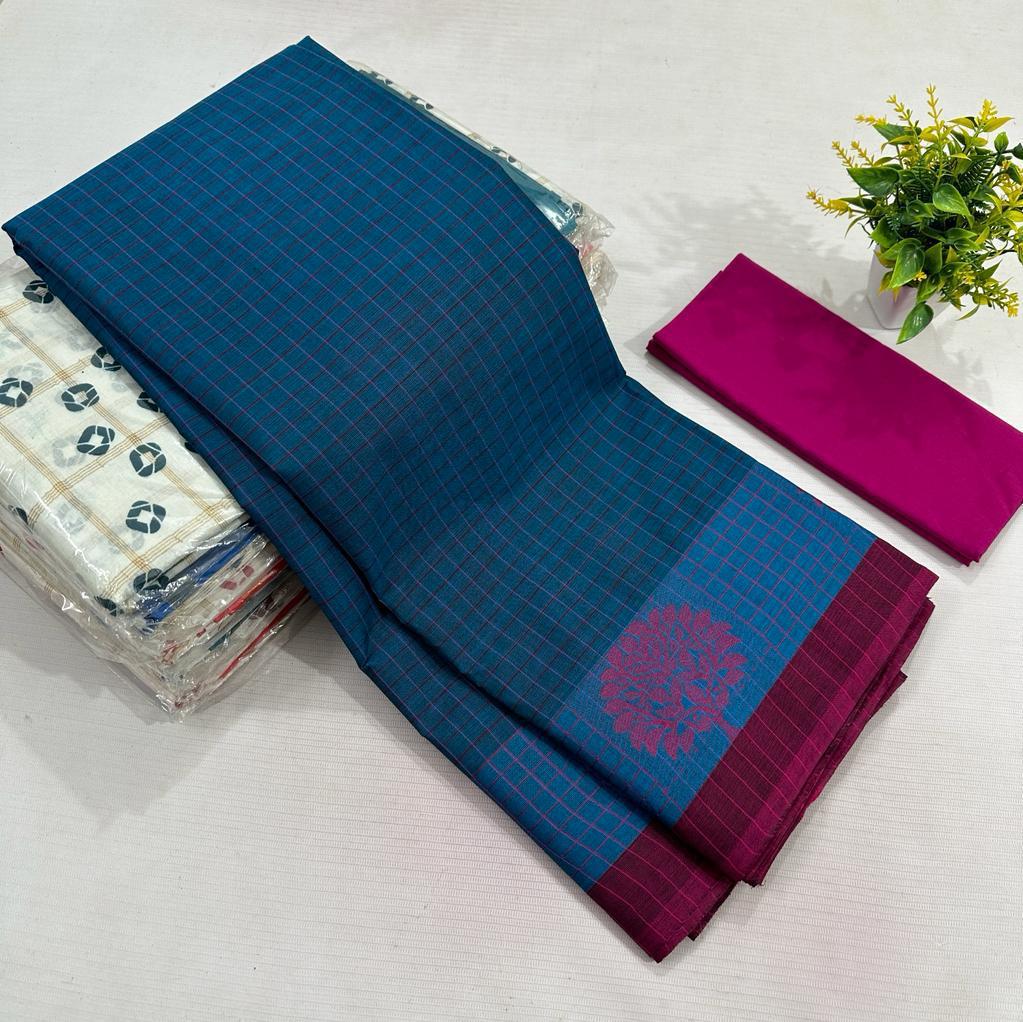 Chettinad Collection | Pure Cotton Blue Sarees with Blouse By Rank Never Retire