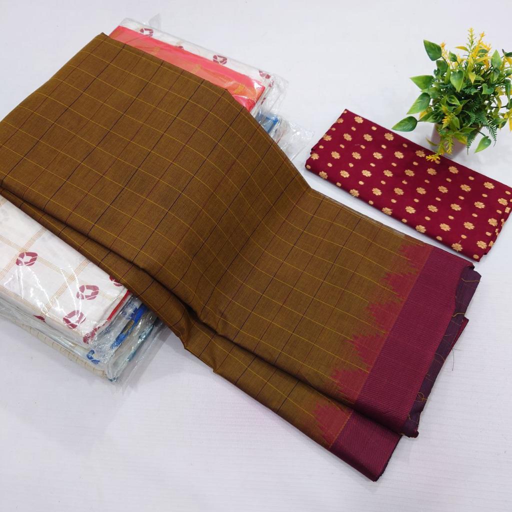 Chettinad Collection | Pure Cotton Brown Sarees with Blouse By Rank Never Retire