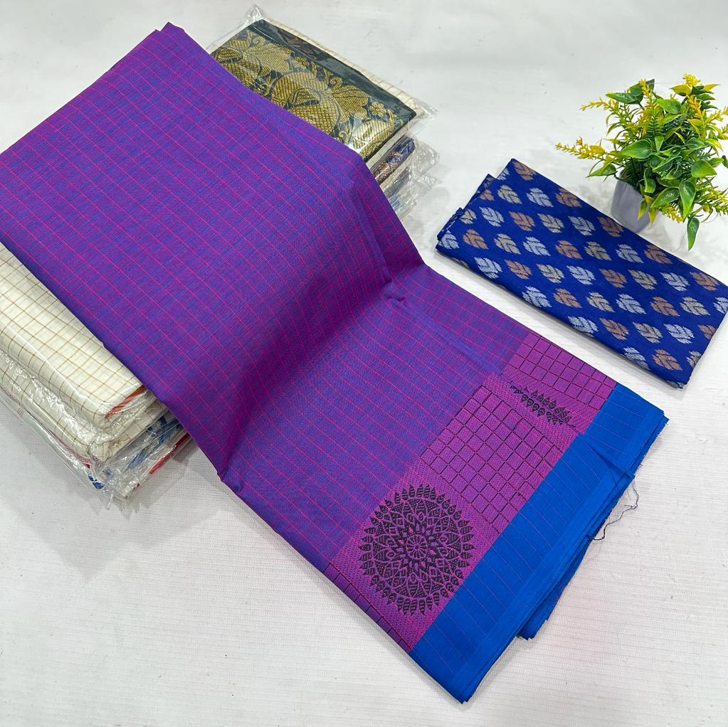 Chettinad Collection | Pure Cotton Purple Sarees with Blouse By Rank Never Retire