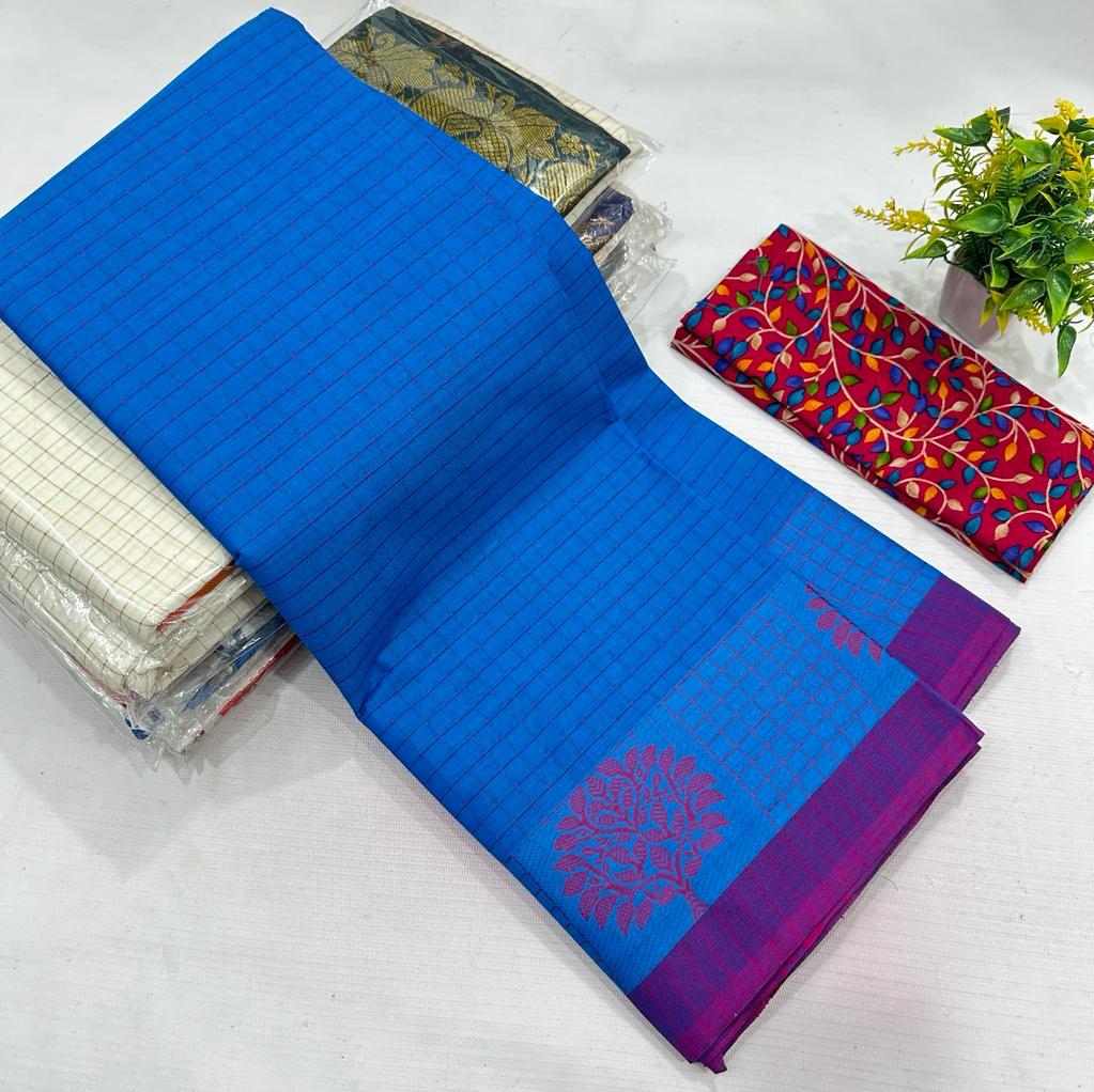 Chettinad Collection | Pure Cotton Blue Sarees with Blouse By Rank Never Retire