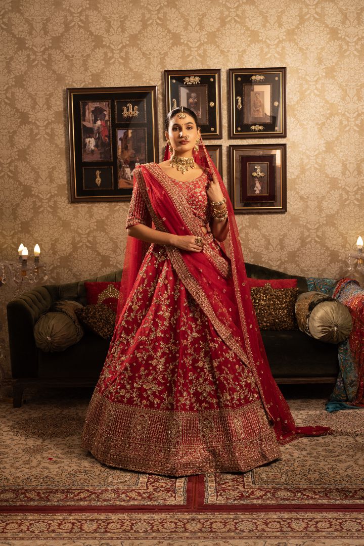 Red Silk Bridal Lehenga with floral motifs, sequins & cutdana embellishment