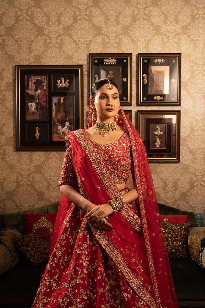 Red Silk Bridal Lehenga with floral motifs, sequins & cutdana embellishment