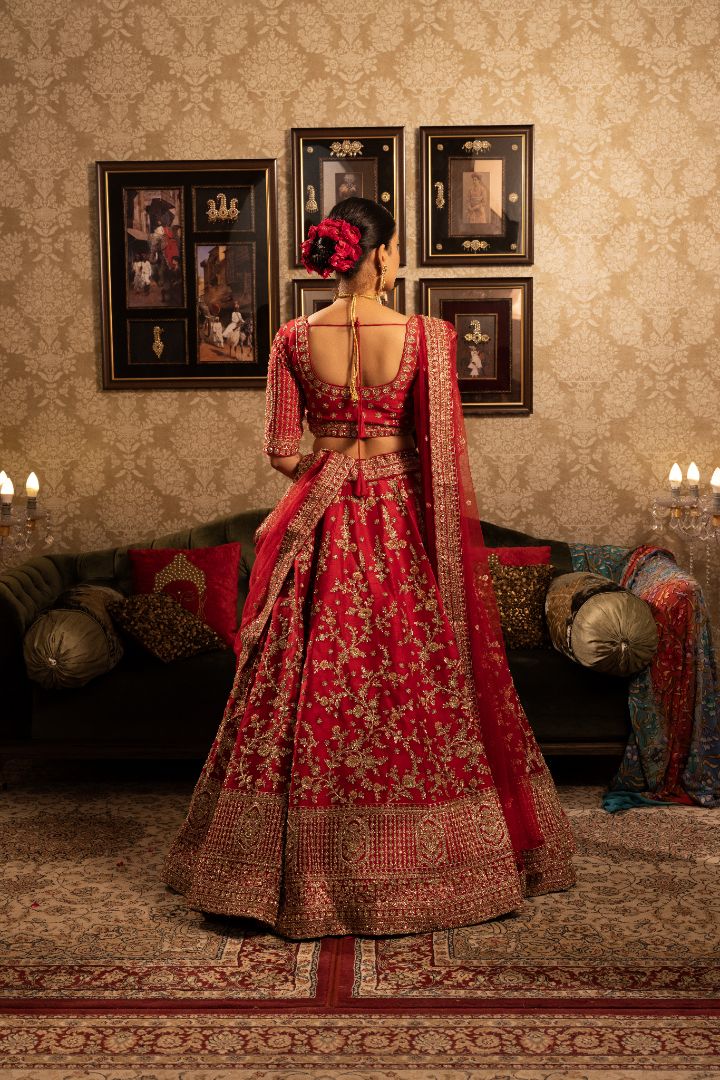 Red Silk Bridal Lehenga with floral motifs, sequins & cutdana embellishment