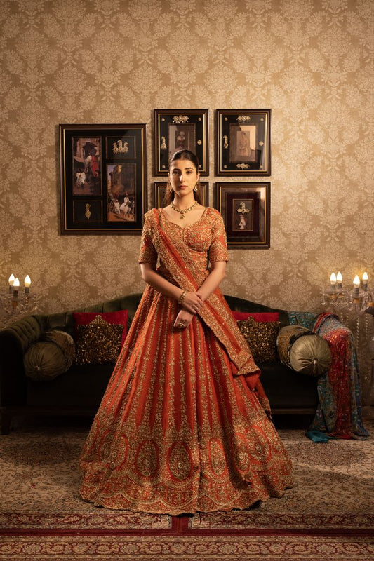 Rust Bridal Lehenga with Cutdana & Sequins Gold Embellishment and Double Dupatta