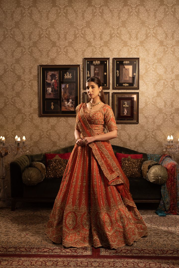 Rust Bridal Lehenga with Cutdana & Sequins Gold Embellishment and Double Dupatta