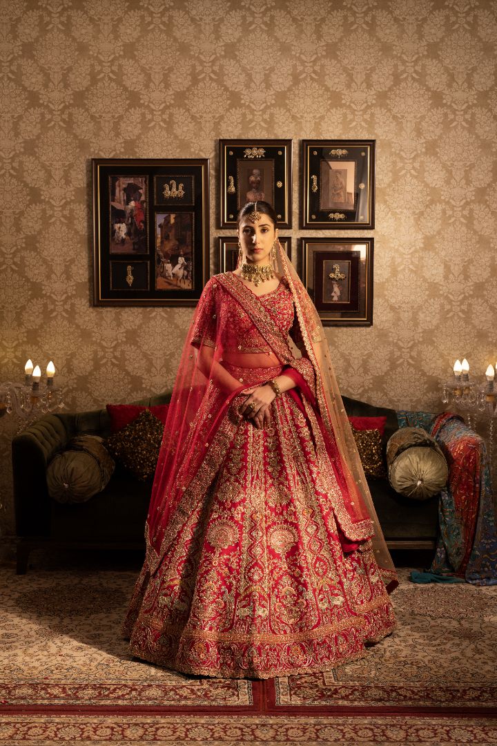 Red Silk Bridal Lehenga with sequins & cutdana embelishment