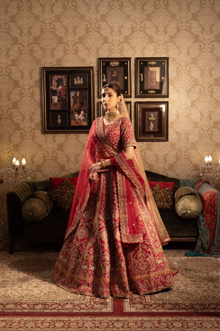 Red Silk Bridal Lehenga with sequins & cutdana embelishment