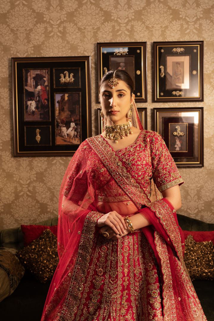 Red Silk Bridal Lehenga with sequins & cutdana embelishment