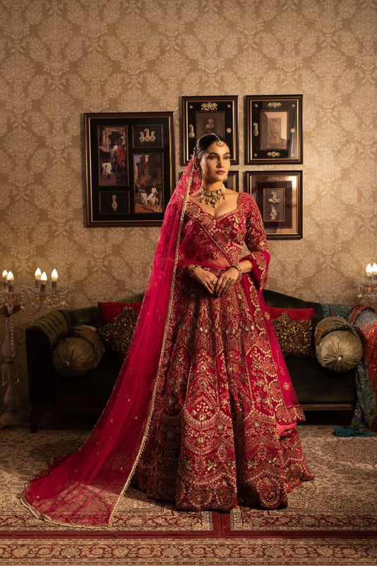 Maroon velvet Bridal Lehenga with heavy embroidery