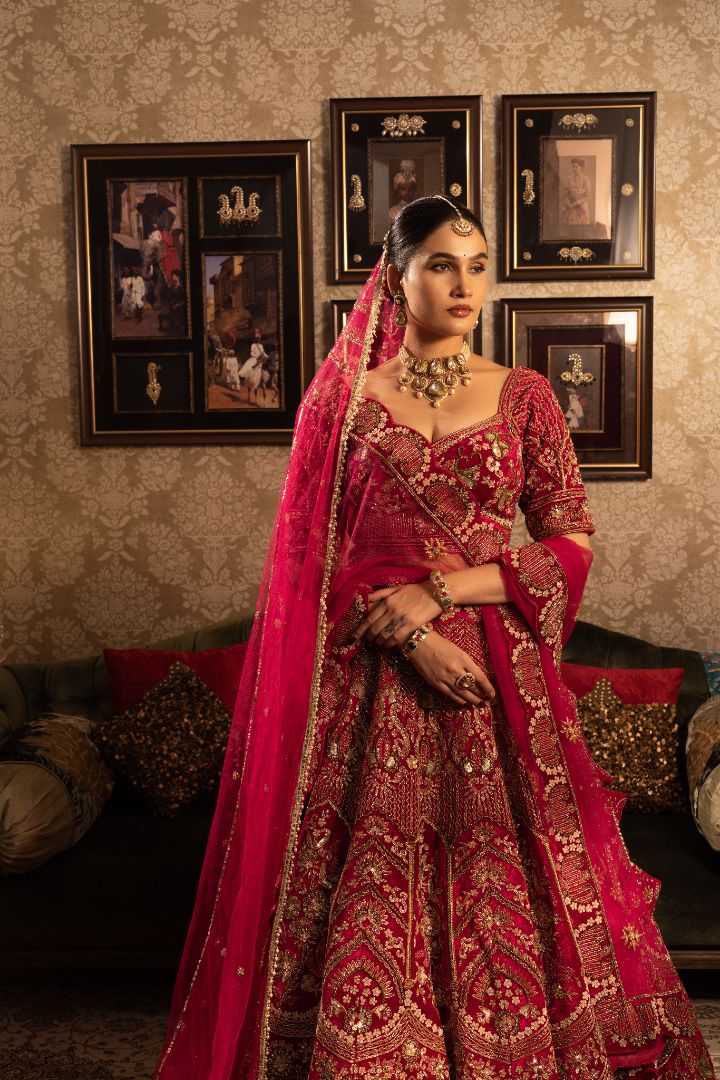 Maroon velvet Bridal Lehenga with heavy embroidery