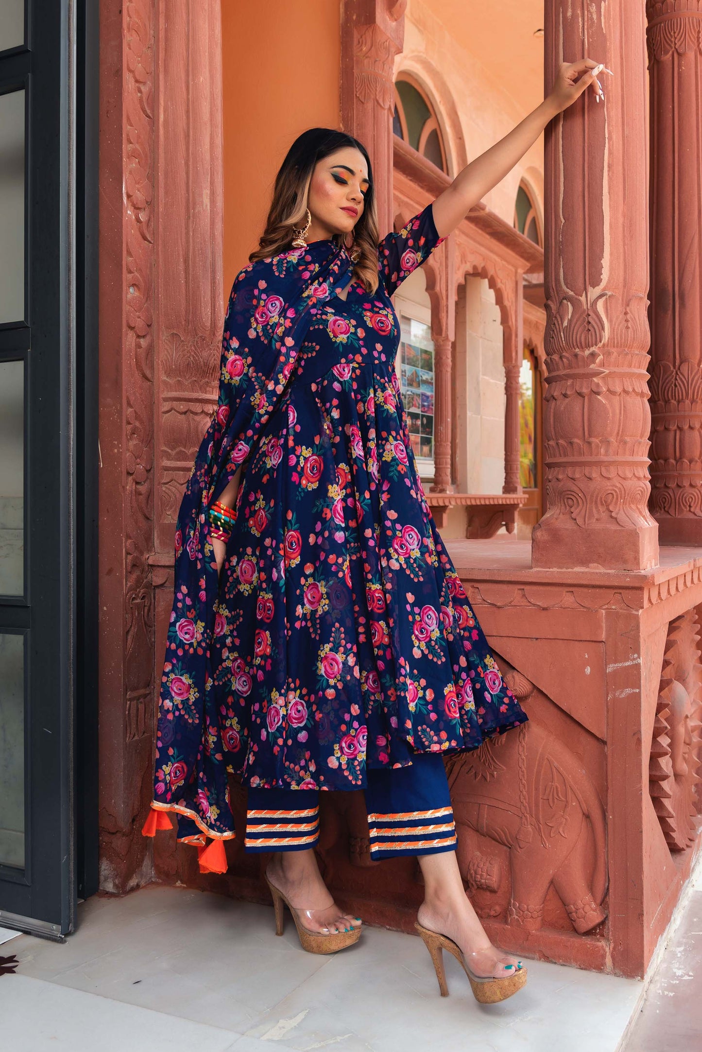 Jarokha Manjari Navy Blue Organza Phool Jaal Anarkali Set