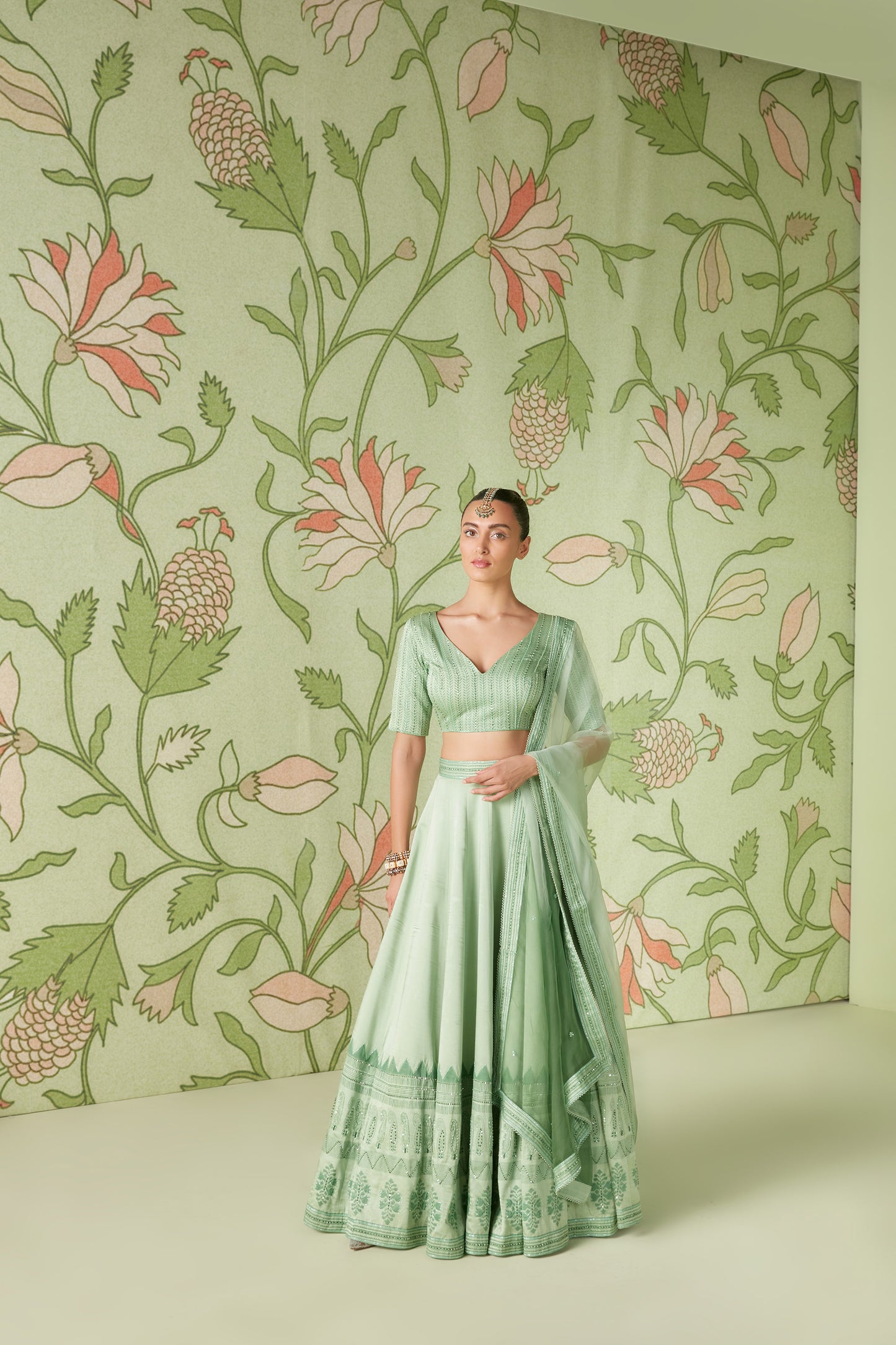 Sage Green Heavily embroidered Hunar Lehenga Set