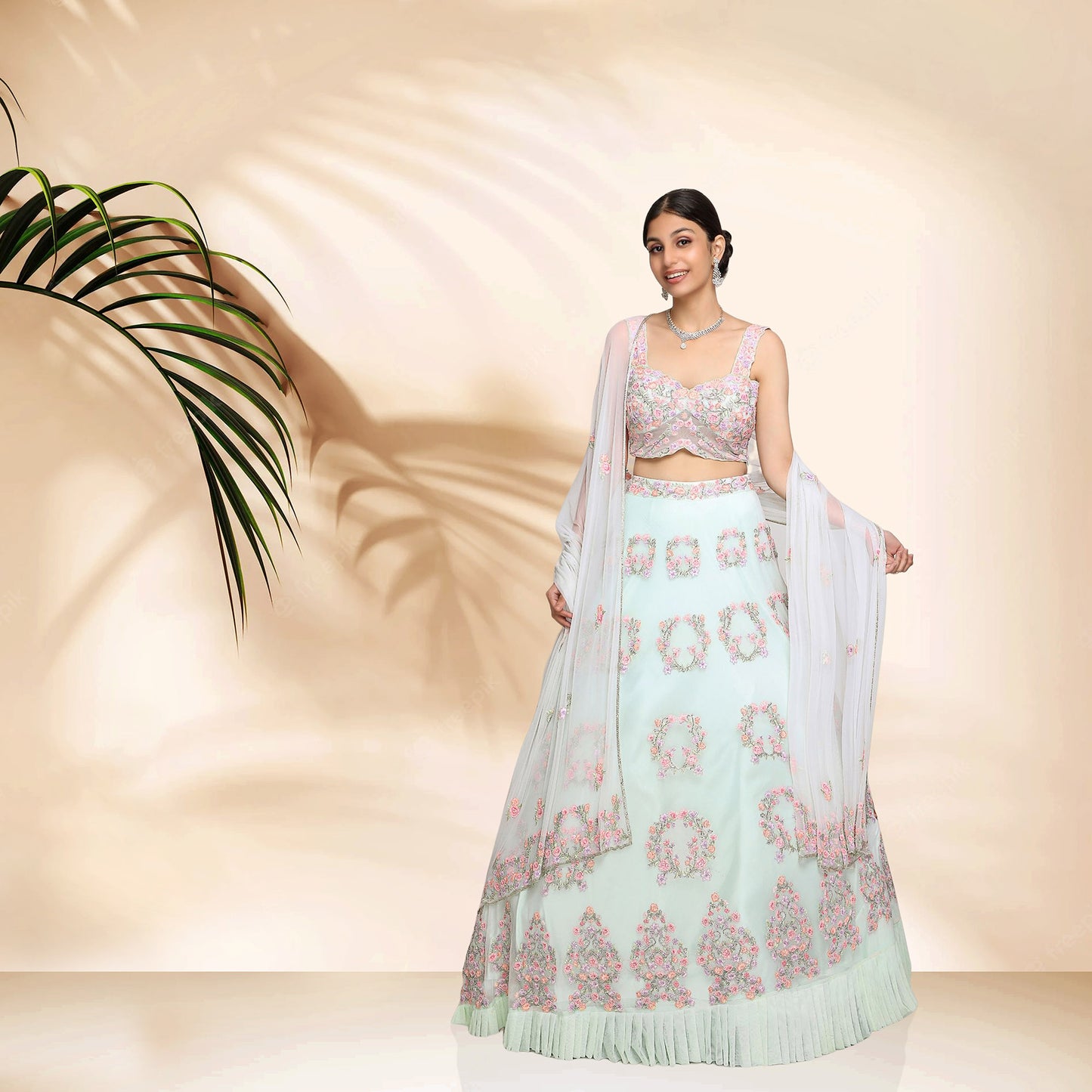 Crescent of flowers lehenga set- Blue